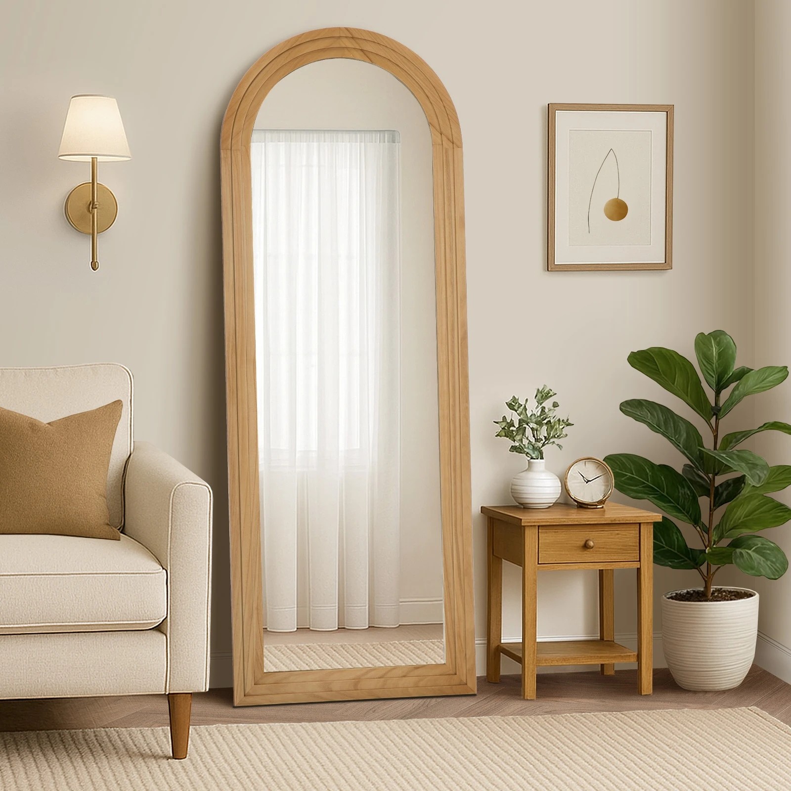 3 Oikiture Full Length Arch Mirror 165x60cm Wood Wall Mounted Home Decor - Natural, 3 of 10