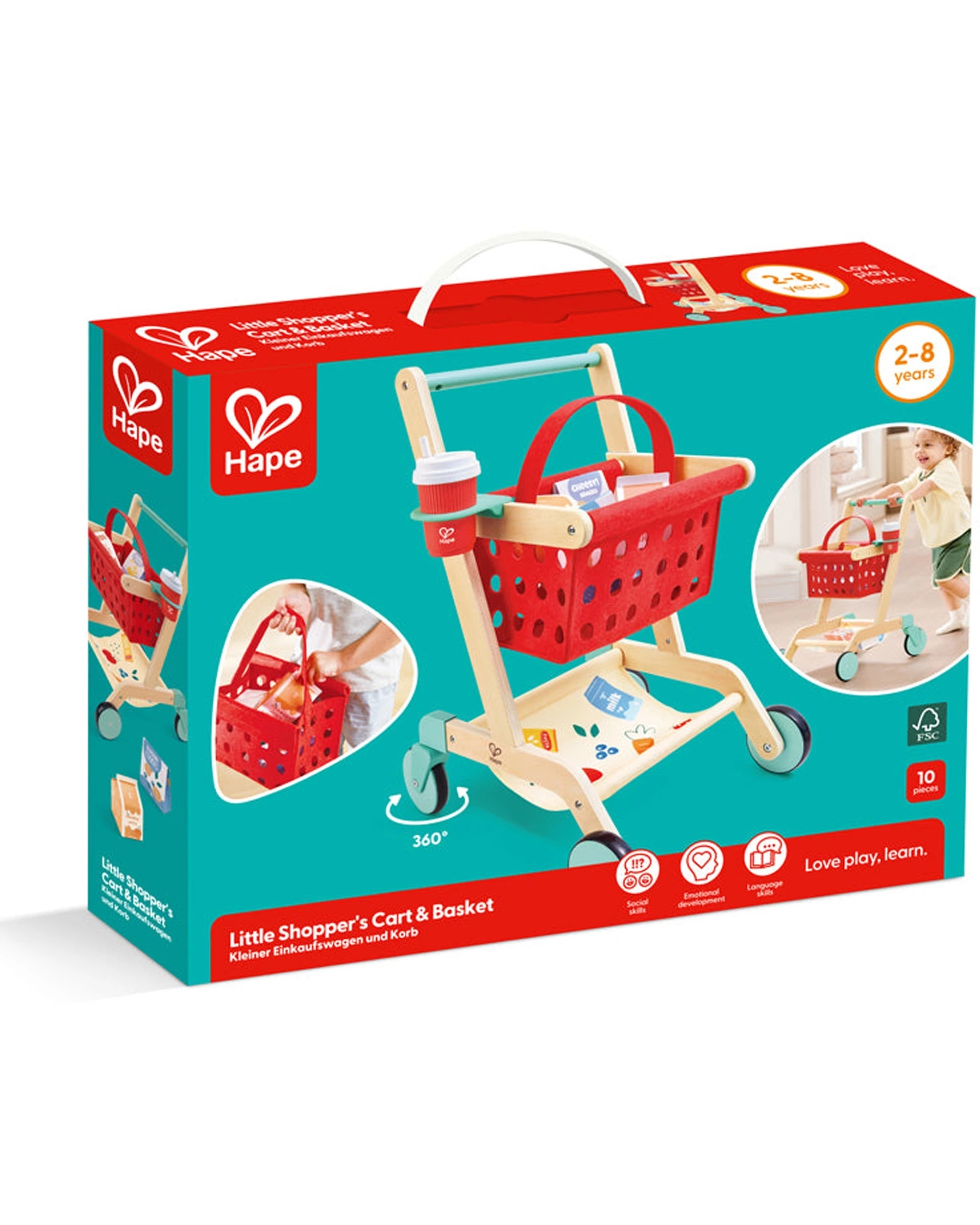 2 Hape Kids Shopping Cart Wooden Pretend Play Toy 360 Degree Wheels Removable Basket - Multi, 2 of 3