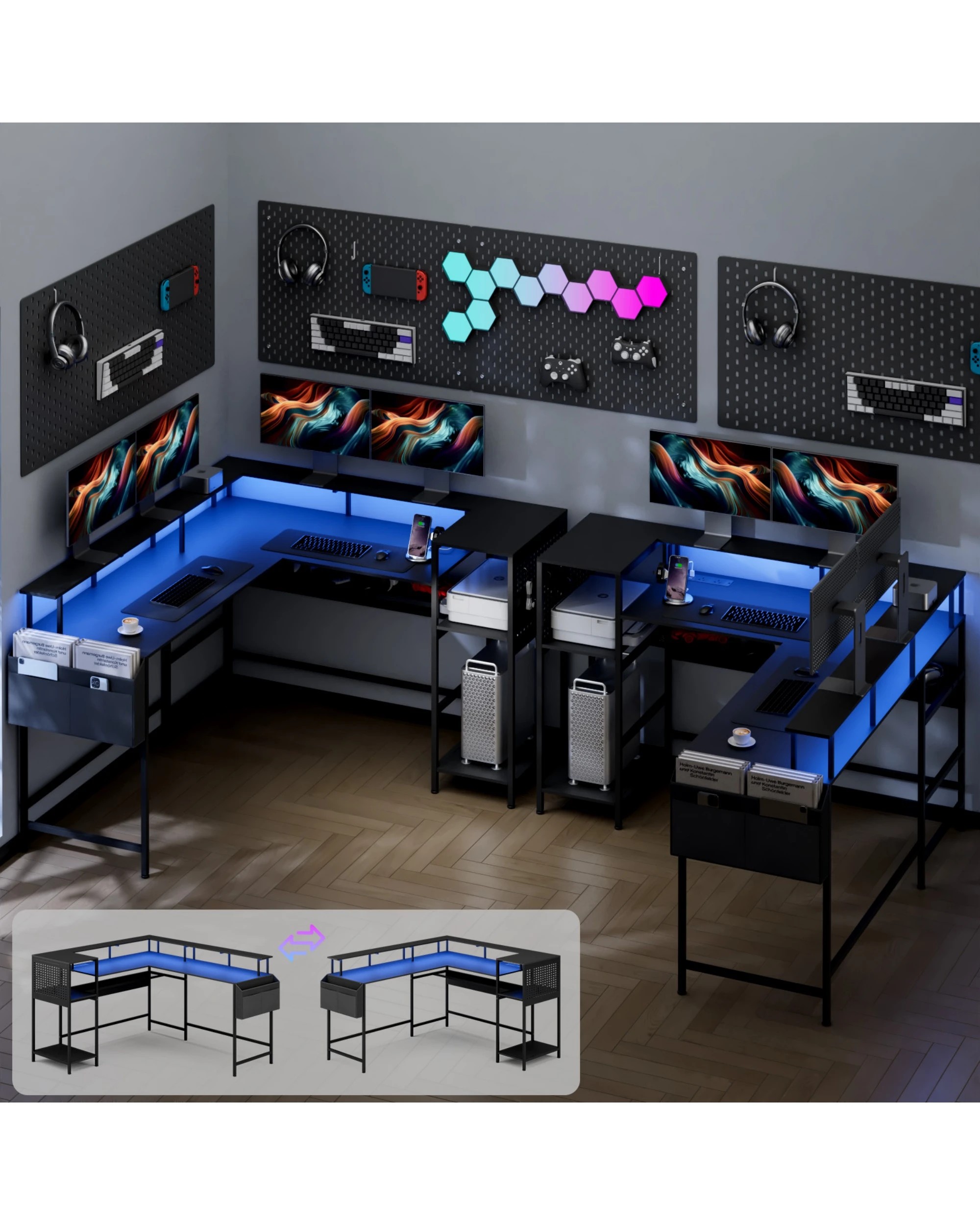 6 Advwin 150cm Convertible Gaming Computer Desk w/ LED Lights & Power Outlets  - Black, 6 of 10