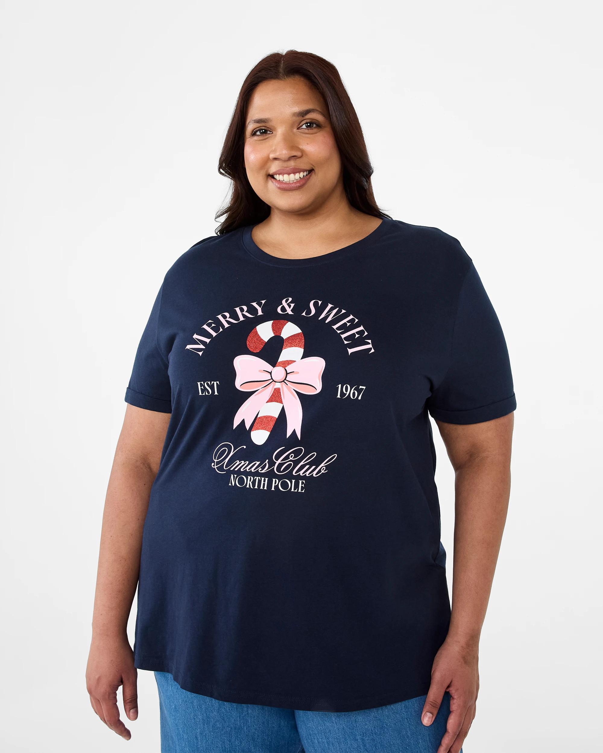 1 Curve Short Sleeve Christmas T-shirt Merry Nvy, 1 of 5