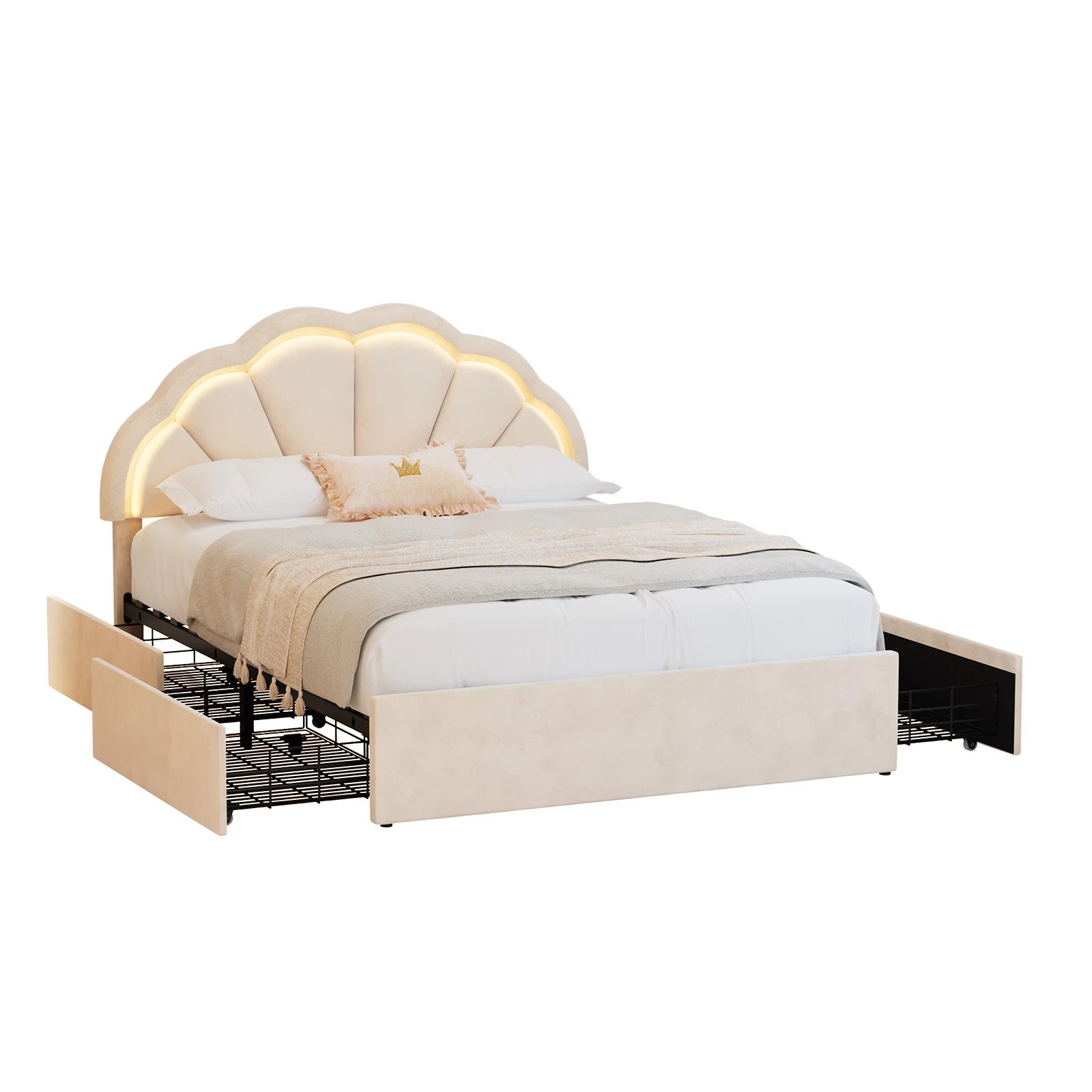 1 Oikiture Double Size Bed Frame LED Shell Headboard with Drawers - Beige, 1 of 6