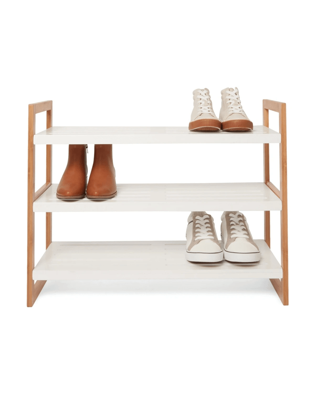 3 Tier Stackable Bamboo Shoe Rack with White She
