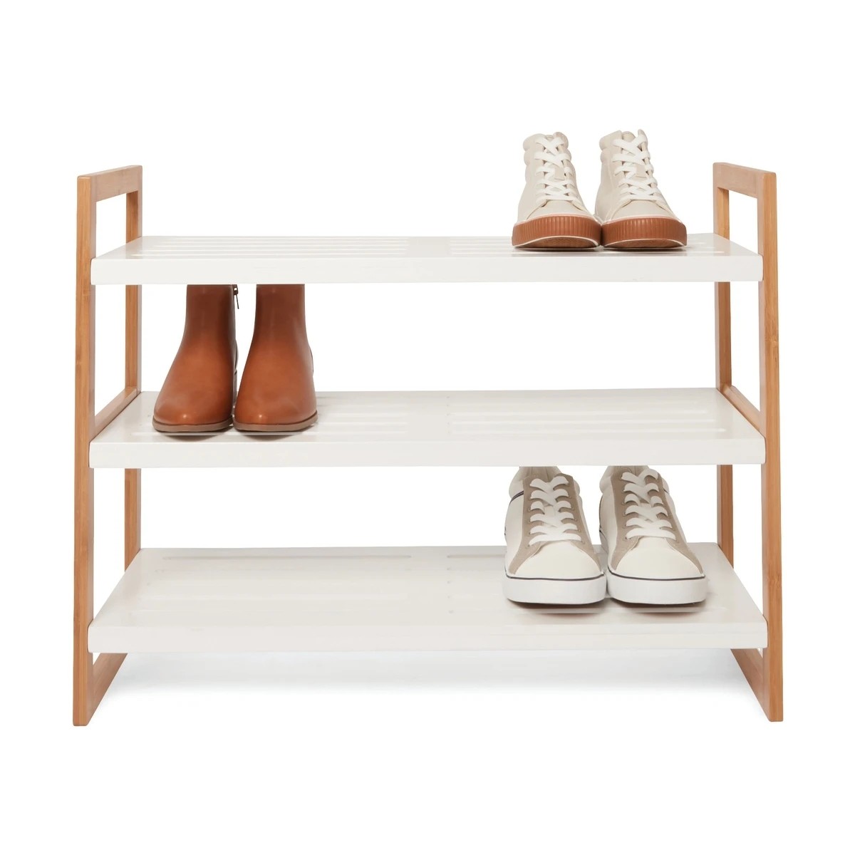 1 3 Tier Stackable Bamboo Shoe Rack with White Shelves, 1 of 5
