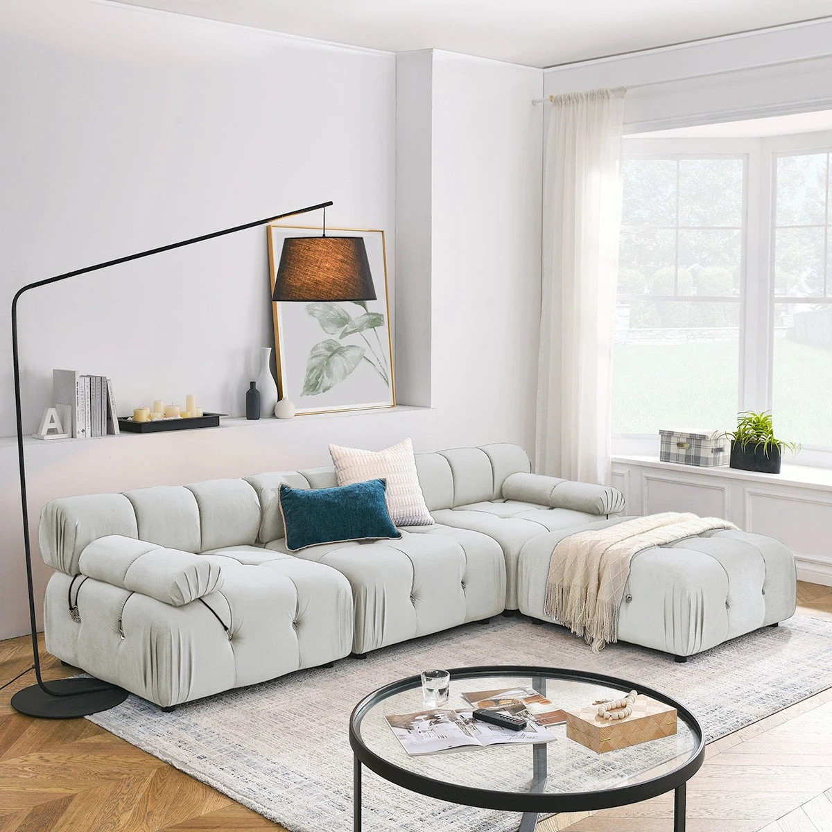 3 Foret 1pc Sofa Ottoman Modular Sectional Armless Tufted Velvet Couch Beige, 3 of 9