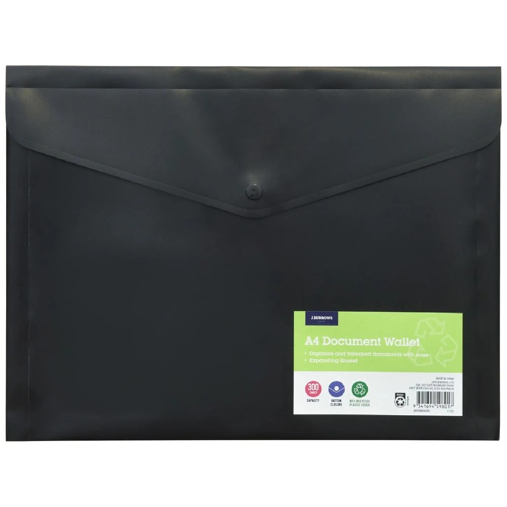 1 J.Burrows A4 Button Document Wallet Black, 1 of 5