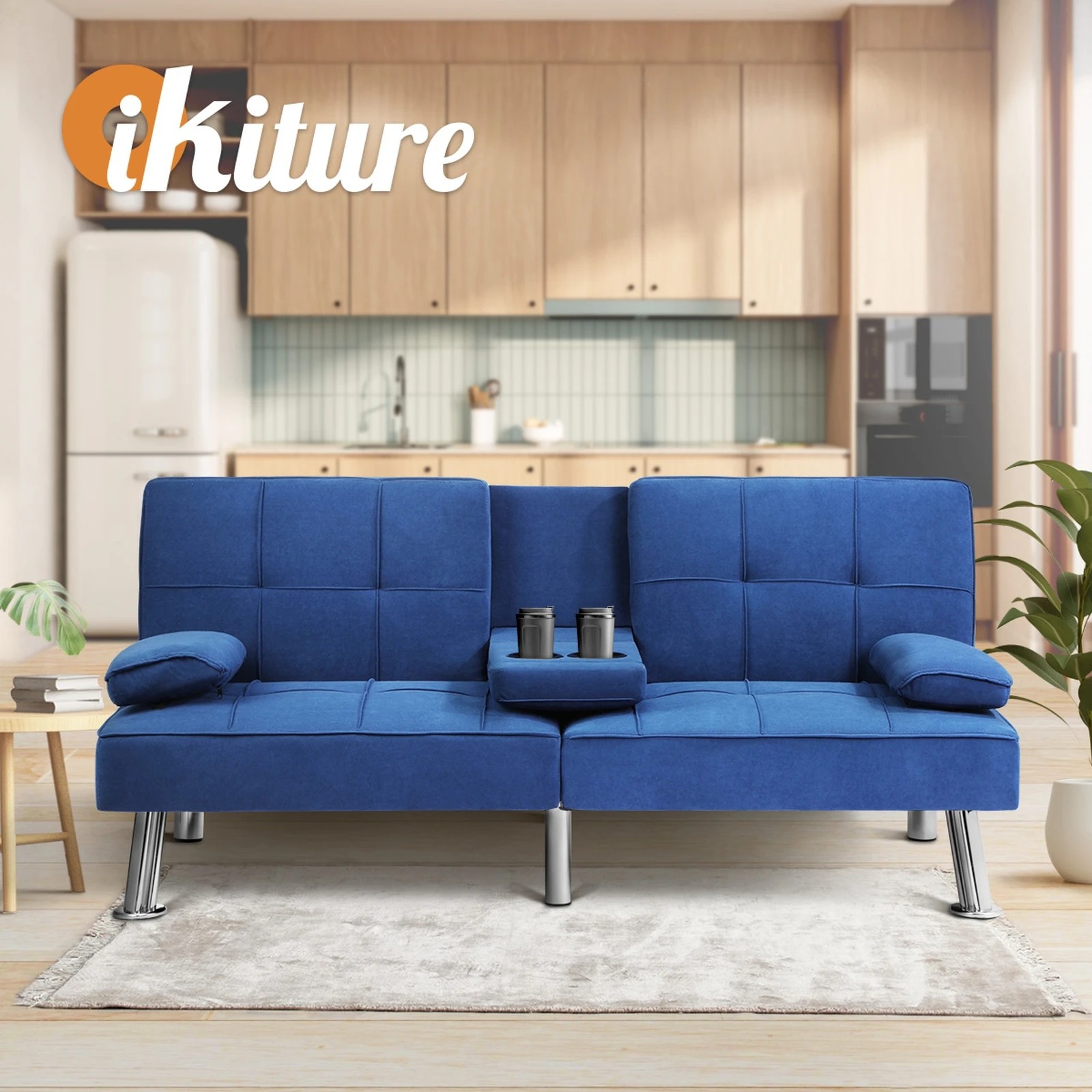 7 Oikiture Sofa Bed Lounge 3 Seater Couch Recliner Sofabeds Cup Holder Velvet
 - Blue, 7 of 10