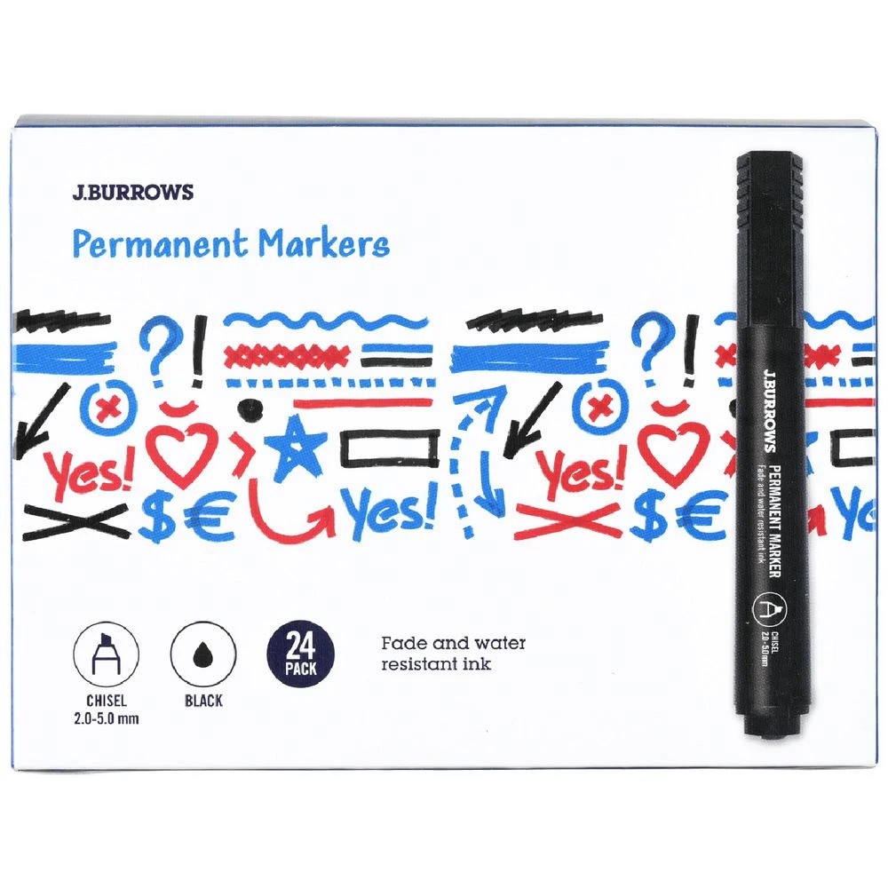 1 J.Burrows Permanent Markers Chisel Black 24 Pack, 1 of 3