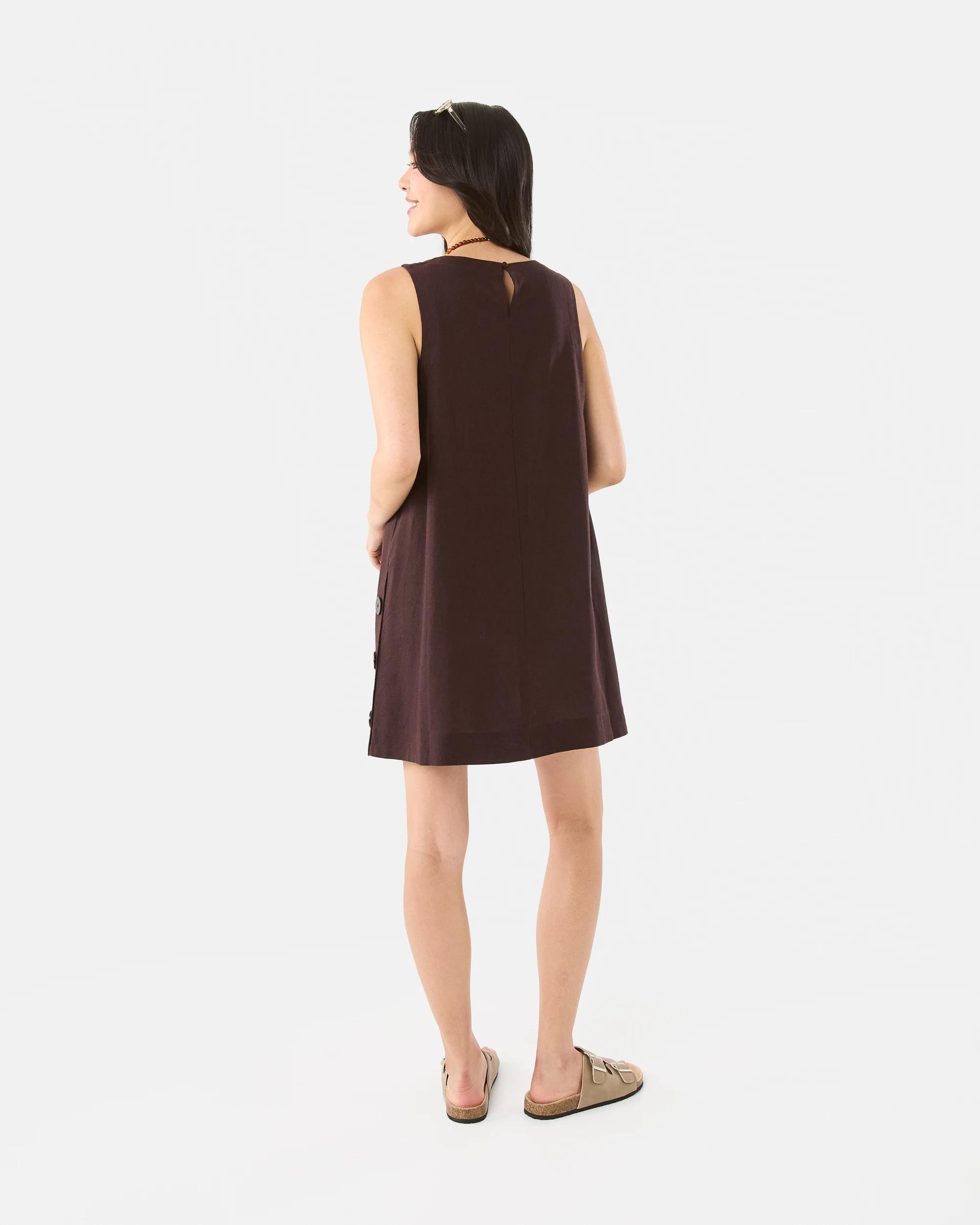 4 Sleeveless Linen Blend Button Detail Mini Dress Choc Plum, 4 of 8