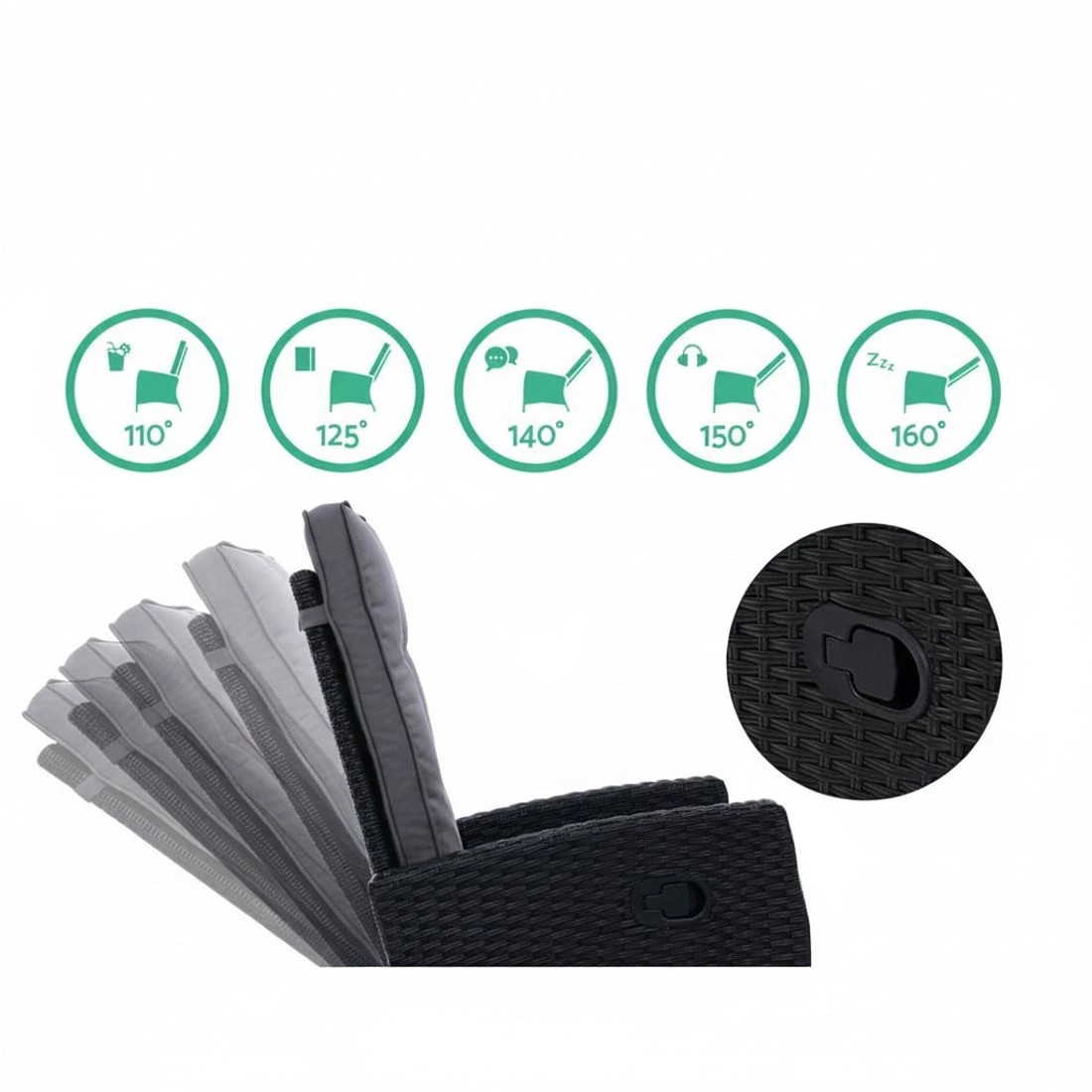 4 Gardeon 3PC Recliner Chairs Table Sun lounge Wicker Outdoor Furniture Adjustable - Black, 4 of 7