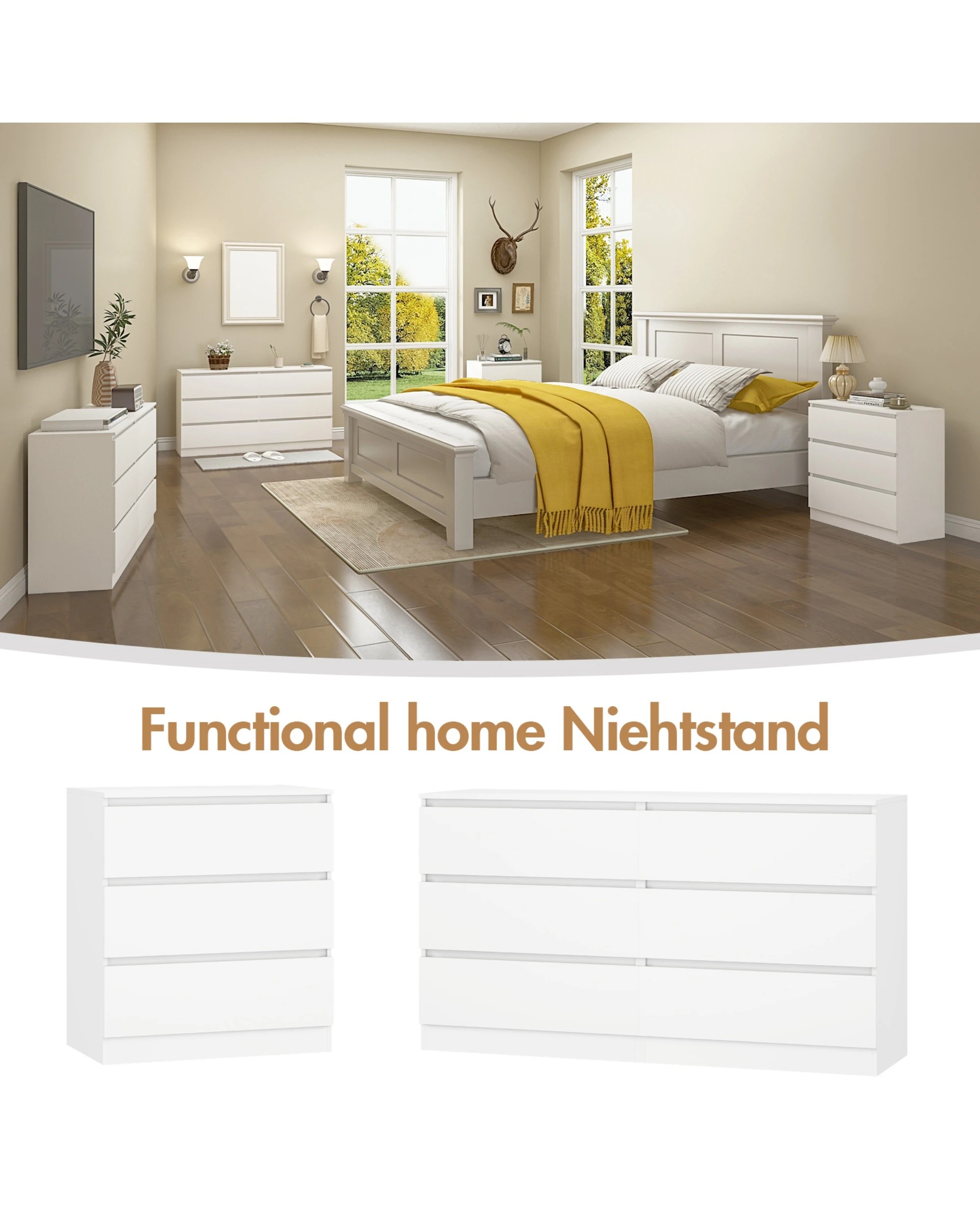 8 Advwin Bedside Table 3 Drawers 77cm Height Nightstand Storage Cabinet Dresser
 - White, 8 of 8