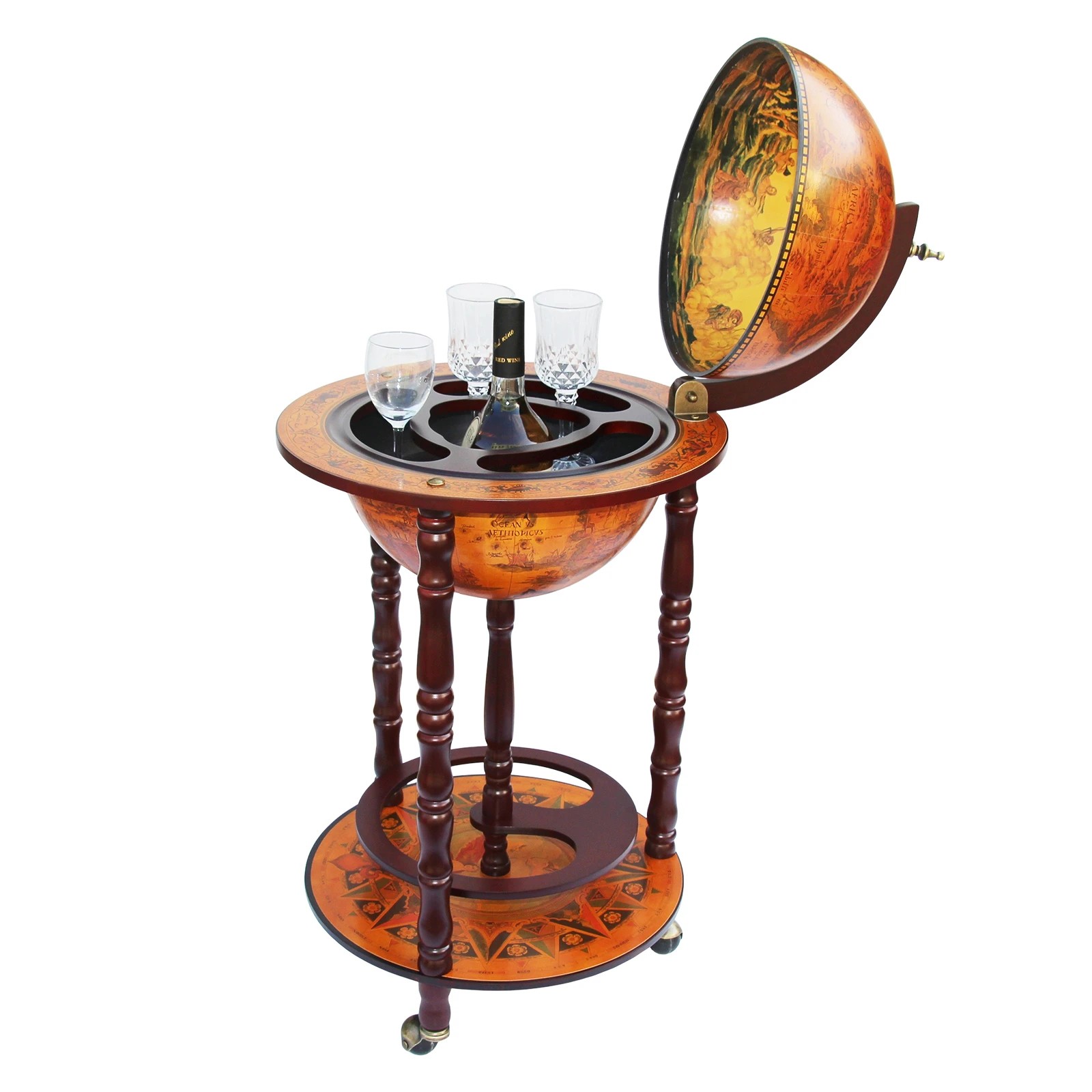 6 LUXSUITE Antique Globe Bar Cart Cabinet Alcohol Wine Drinks Coffee Serving Trolley Round Bottle Storage Mid-century, 6 of 8