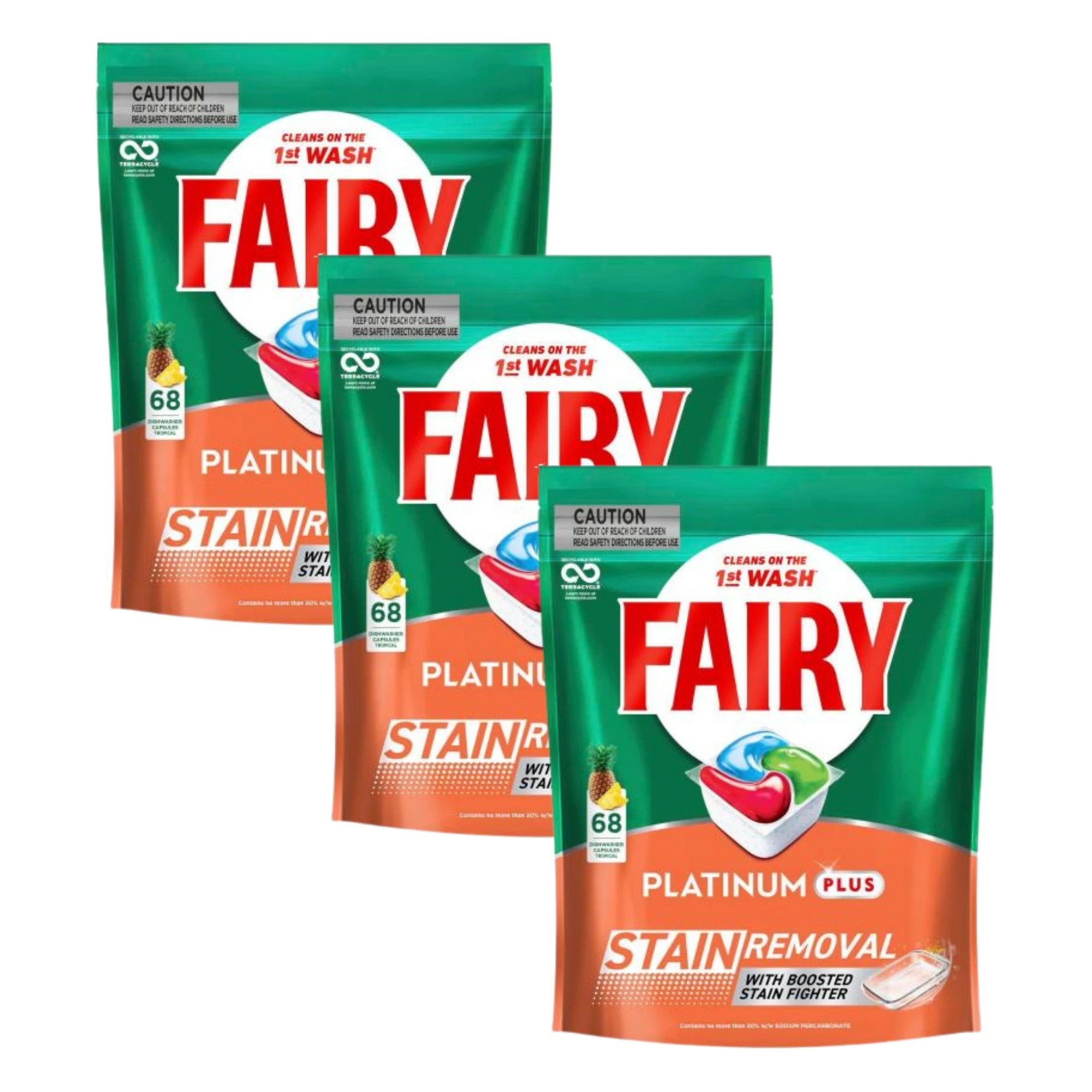 1 Fairy Platinum Plus Tropical Dishwasher Capsules 68 Pack x3 DATED 07/08/26, 1 of 1
