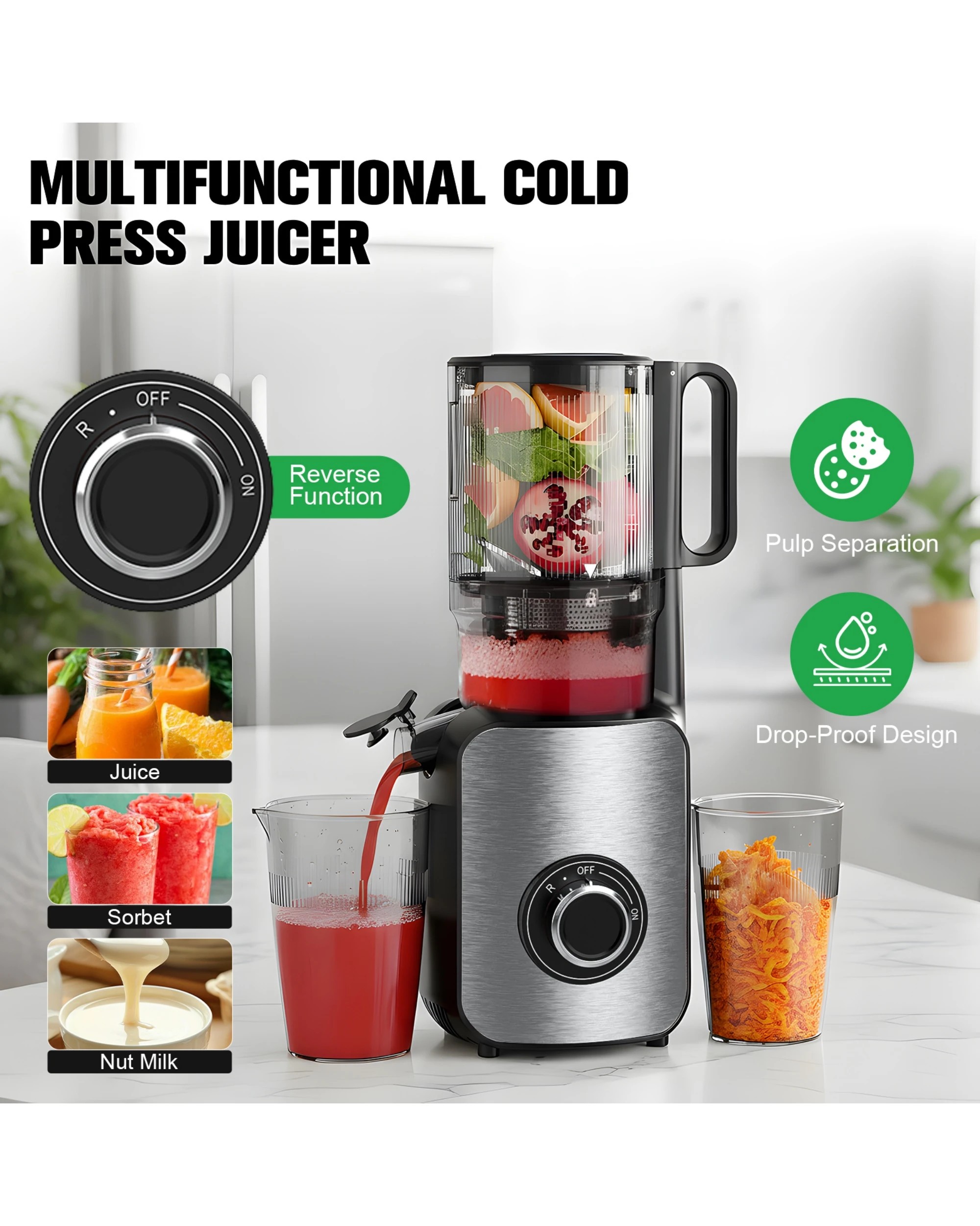 3 Advwin Cold Press Juicer, 122MM Wide Chute Juicer, 3-IN-1 Juicer Extractor, Masticating Slow Juicer with Reverse, 3 of 7