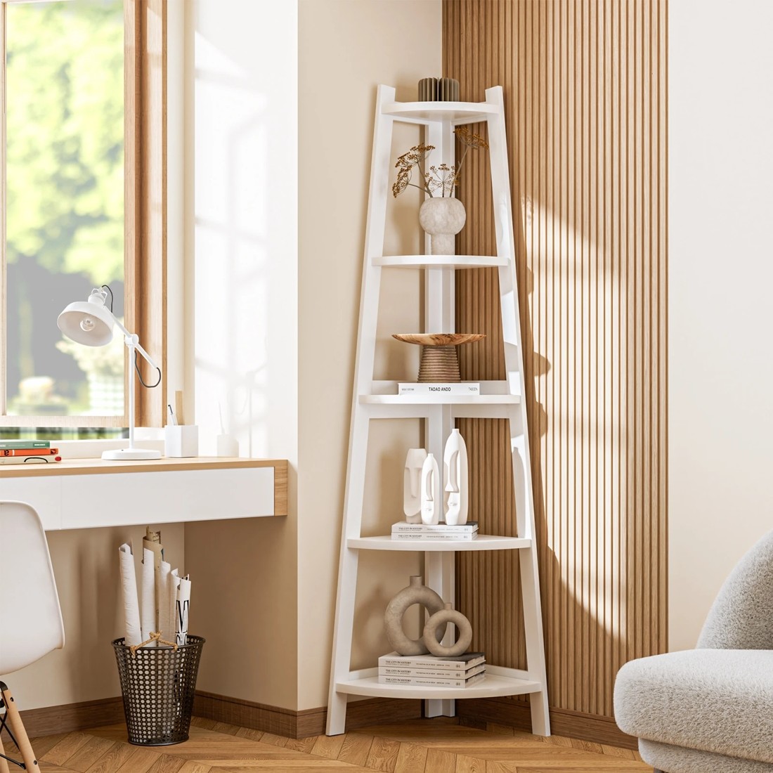 2 Oikiture Corner Ladder Shelf 5 Tier Home Storage Display Stand Bookshelf
 - White, 2 of 9