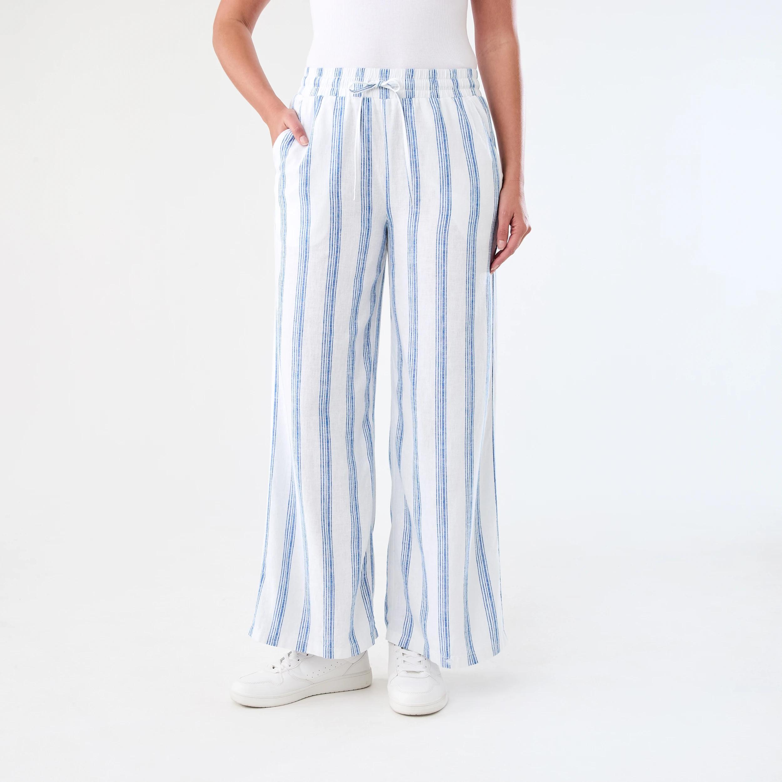 1 Linen Blend Wide Leg Pants Blue Strp, 1 of 5