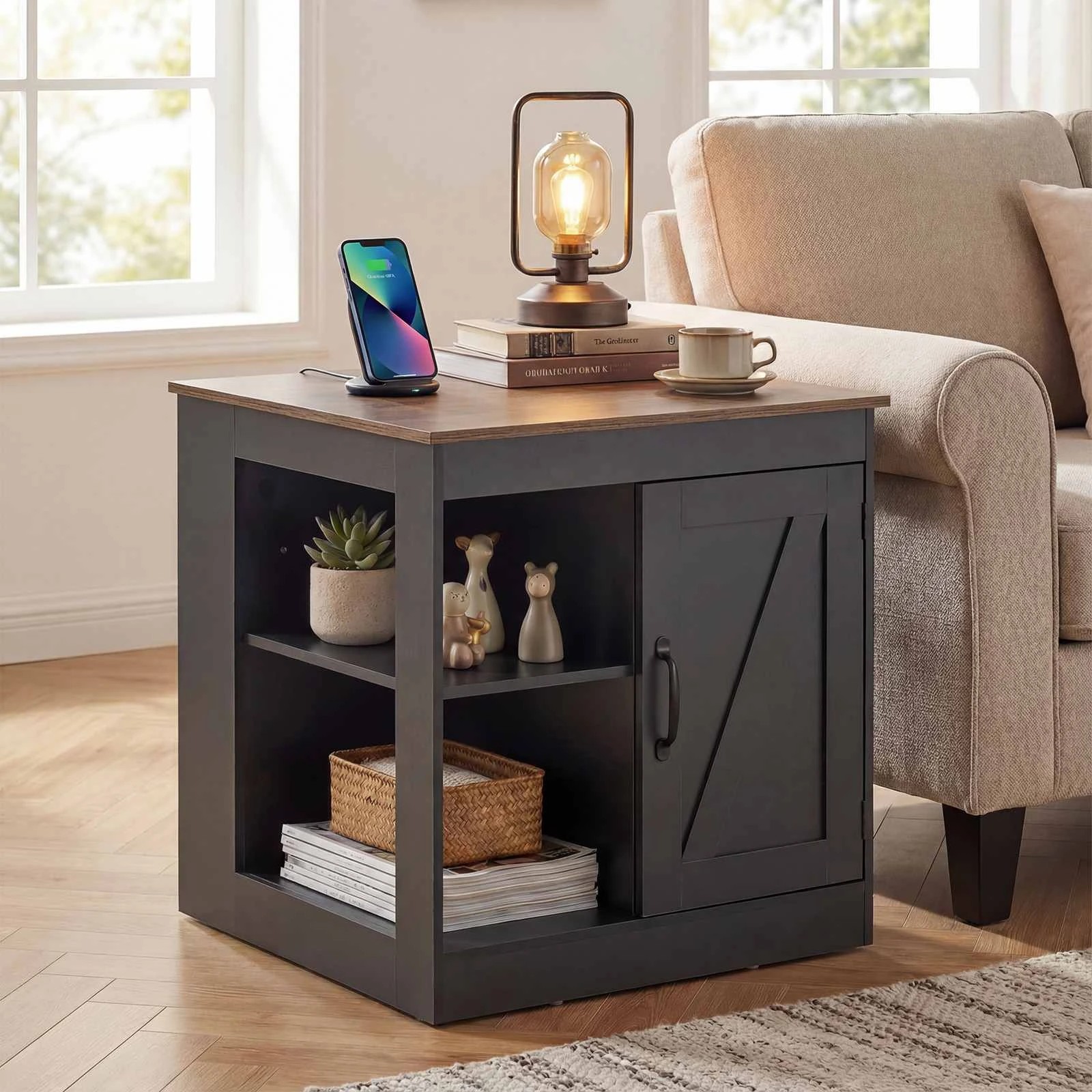 2 Costway Farmhouse End Table w/Power Outlets Sofa Bedside Table Nightstand, 2 of 4
