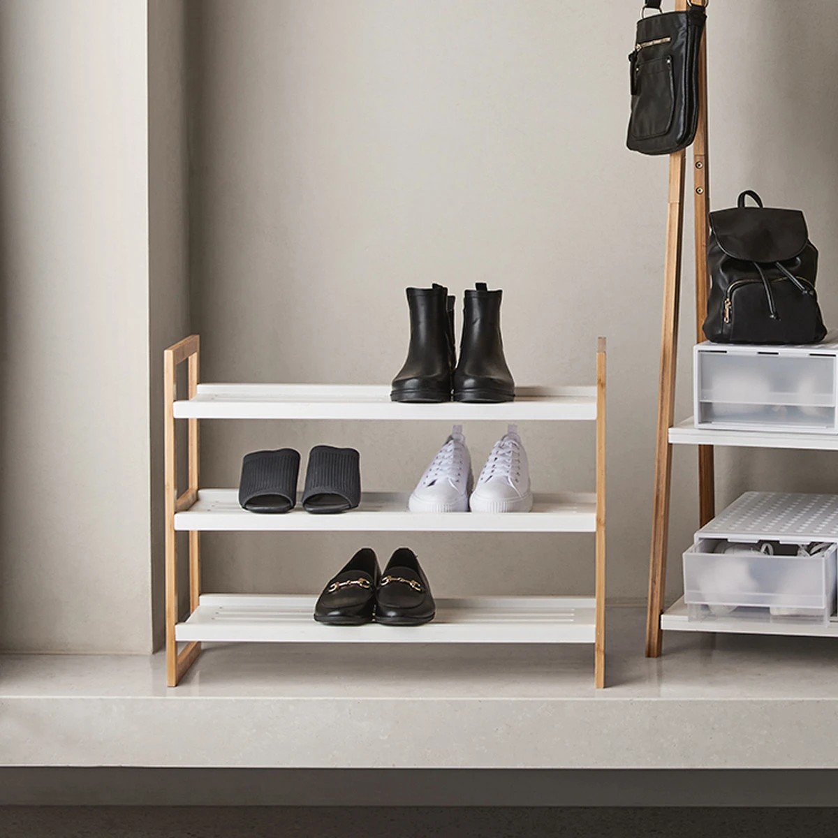 5 3 Tier Stackable Bamboo Shoe Rack with White Shelves, 5 of 5