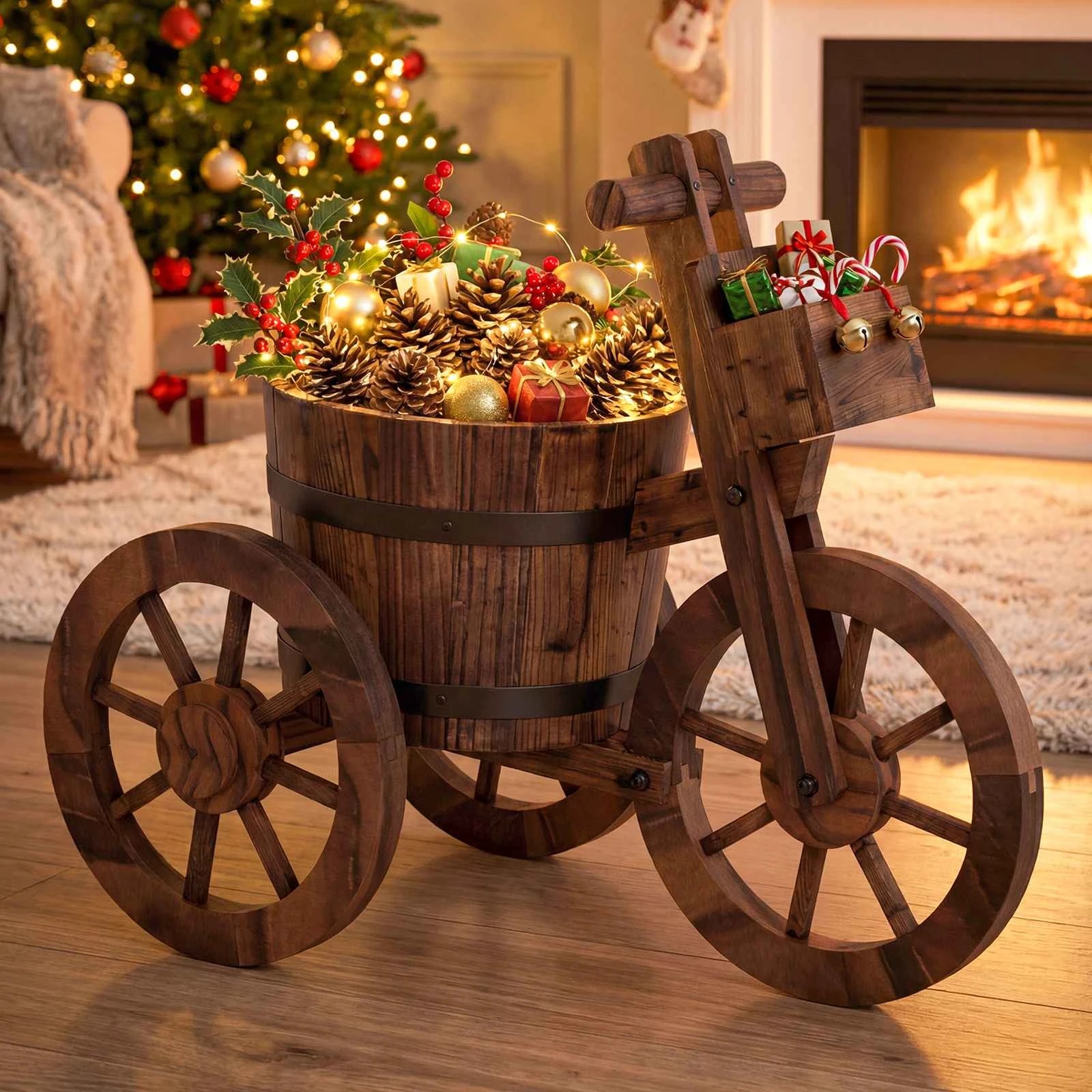 1 Costway Wood Flower Cart Barrel Plant Stand 3 Wheel Wagon Planter Box Pot Garden Container, 1 of 1