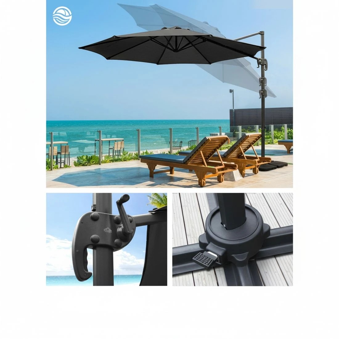 5 Instahut 3m Outdoor Umbrella w/Base Cantilever Beach Roma 360 Degree Tilt - Black, 5 of 7
