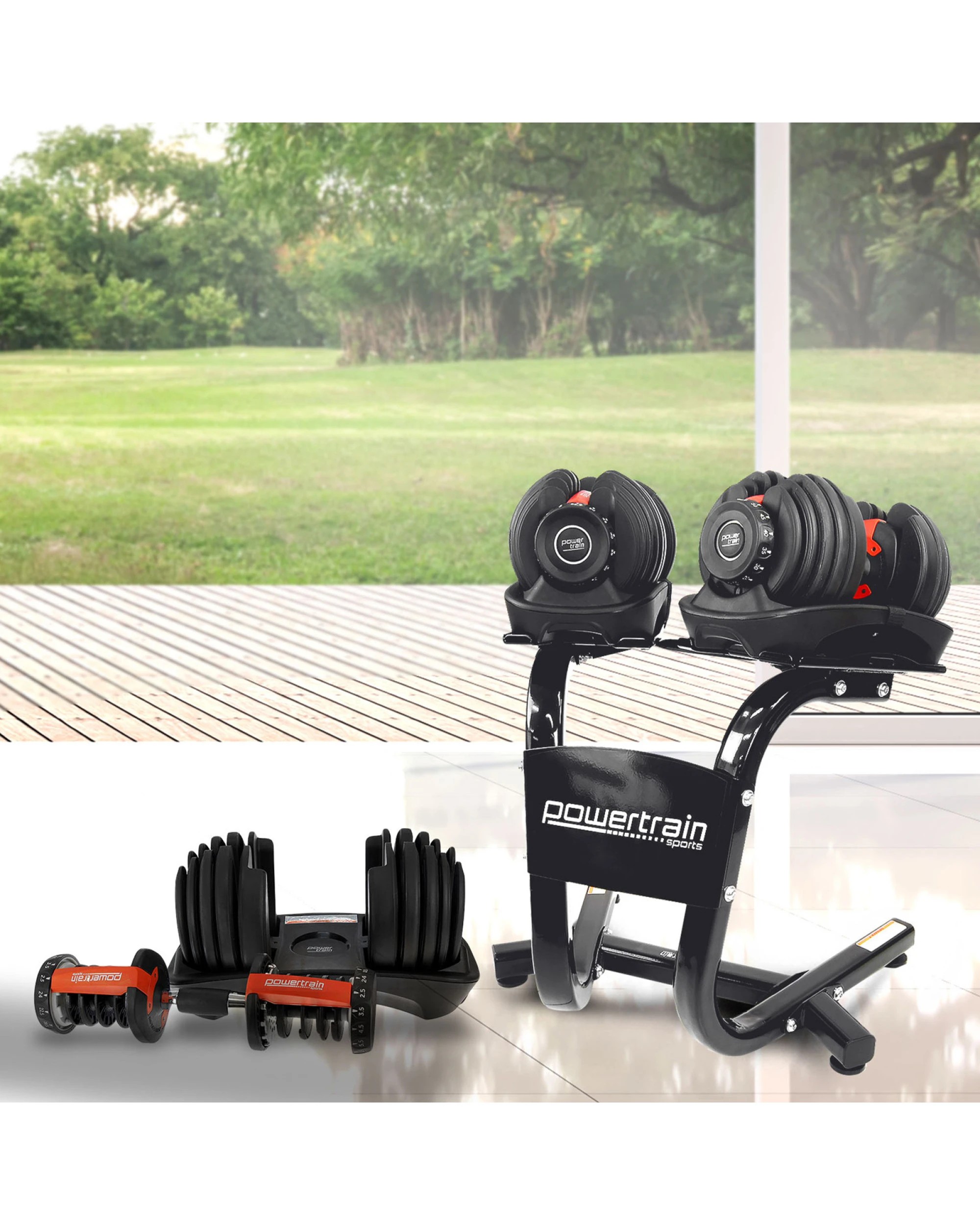4 Powertrain 48kg Adjustable Dumbbells Weight with Stand and Exercise Bench - Black, 4 of 8