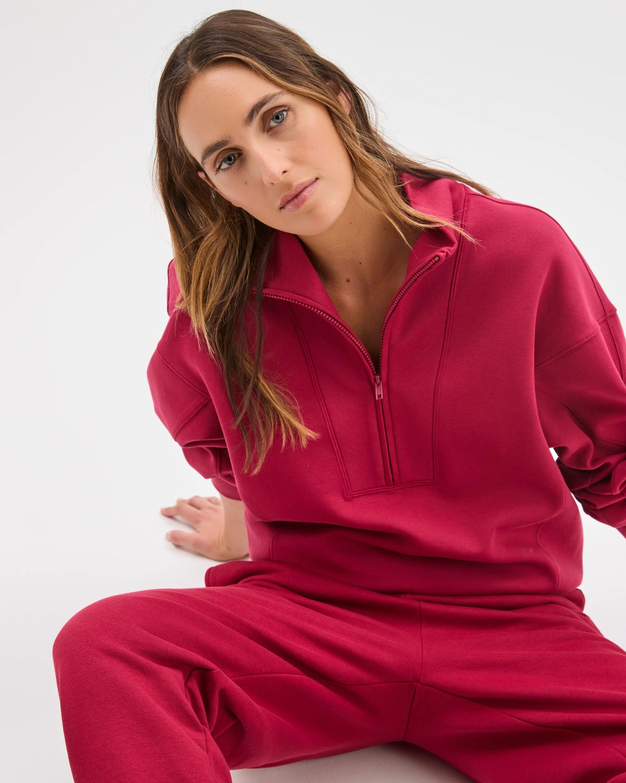 1 Target Active Australian Cotton Blend Cocoon 1/4 Zip Fleece Jumper DARK RED, 1 of 7