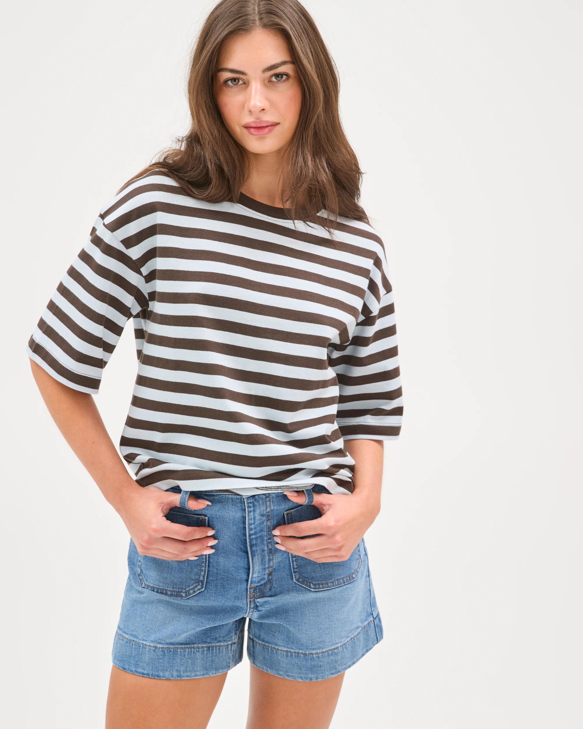 6 Target Petites Australian Cotton 3/4 Wide Sleeve Boxy T-Shirt BLACK COFFEE/BLUE MIST STRIPE, 6 of 7