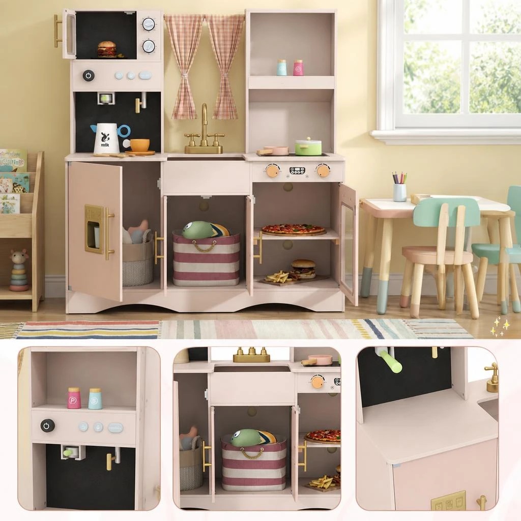 2 Costway Wooden Kitchen Playset Pretend Play Toy Kitchen w/Microwave Coffee Maker - Pink, 2 of 8