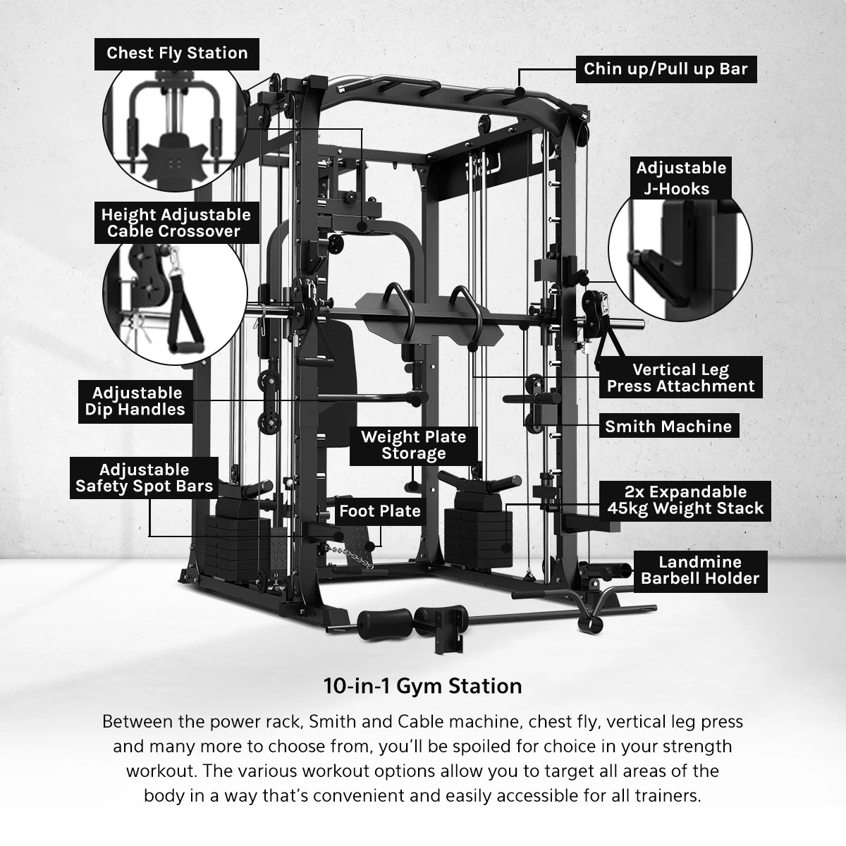 3 LSG GRK200 Home Gym Station, Power Rack, Smith Machine and Cable Crossover + 90kg Olympic Barbell & Bumper Plate Set, 3 of 10