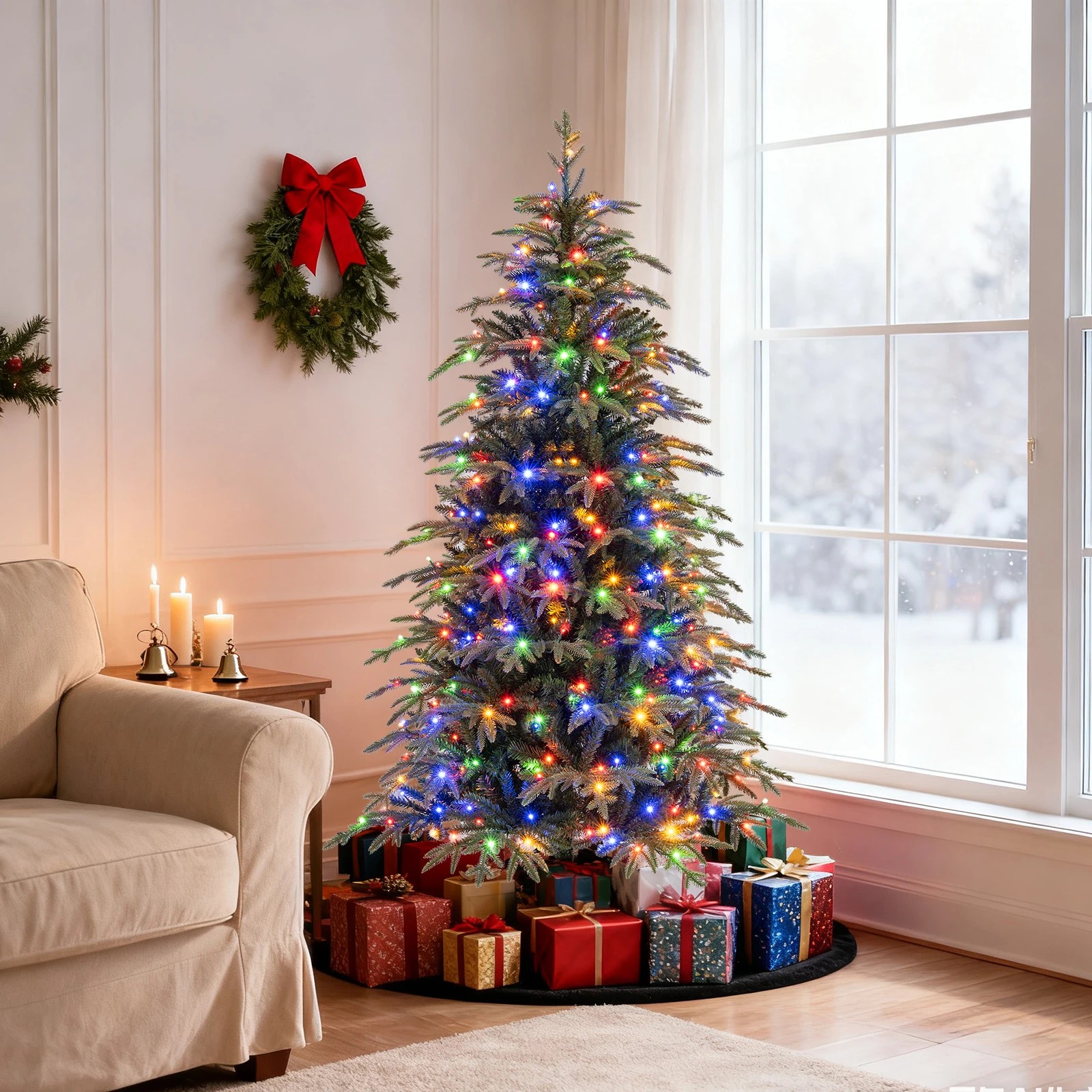 3 Costway 185cm PE & PVC Artificial Christmas Tree Pre-Lit Hinged Xmas Tree 11 Lighting Modes, 3 of 7