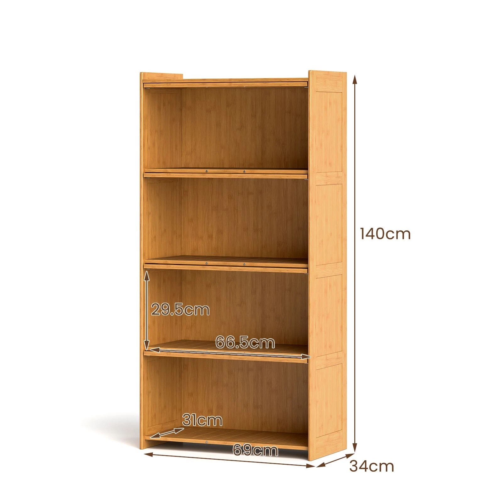 4 Costway 1.4m 4-Tier Bookcase Bamboo Bookshelf w/Doors Cube Organizer Display Cabinet - Natural, 4 of 5