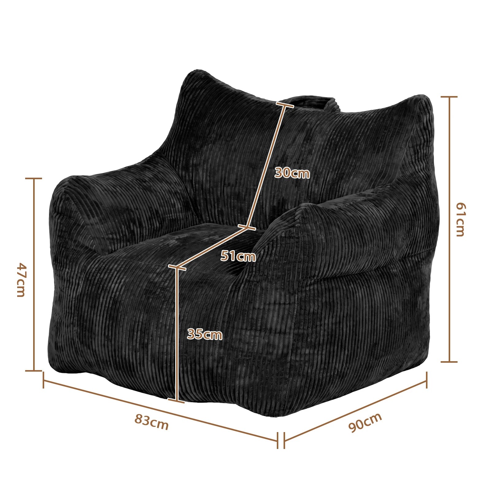 2 Advwin Bean Bag Chair Sofa w/ Armrest Handle Adults Teens Corduroy Lazy Floor Sofa - Black, 2 of 7