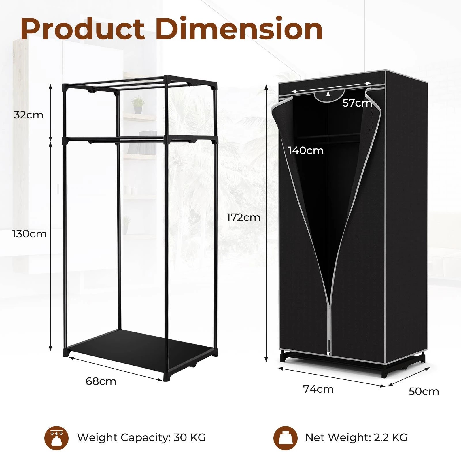 3 Costway Fabric Wardrobe Folding Garment Cabinet Clothes Rack, 3 of 6