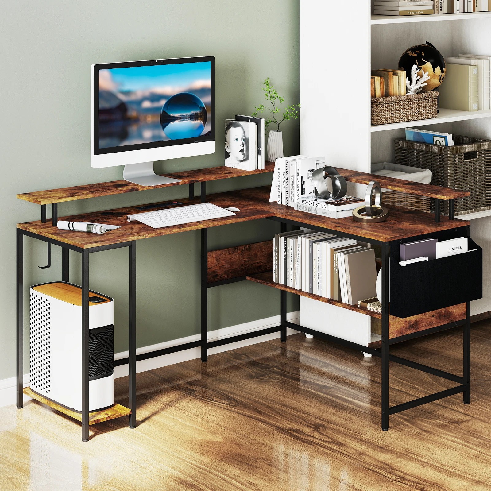 2 Costway L-Shaped Gaming Desk w/LED Lights & Power Outlets Office Computer Desk, 2 of 3