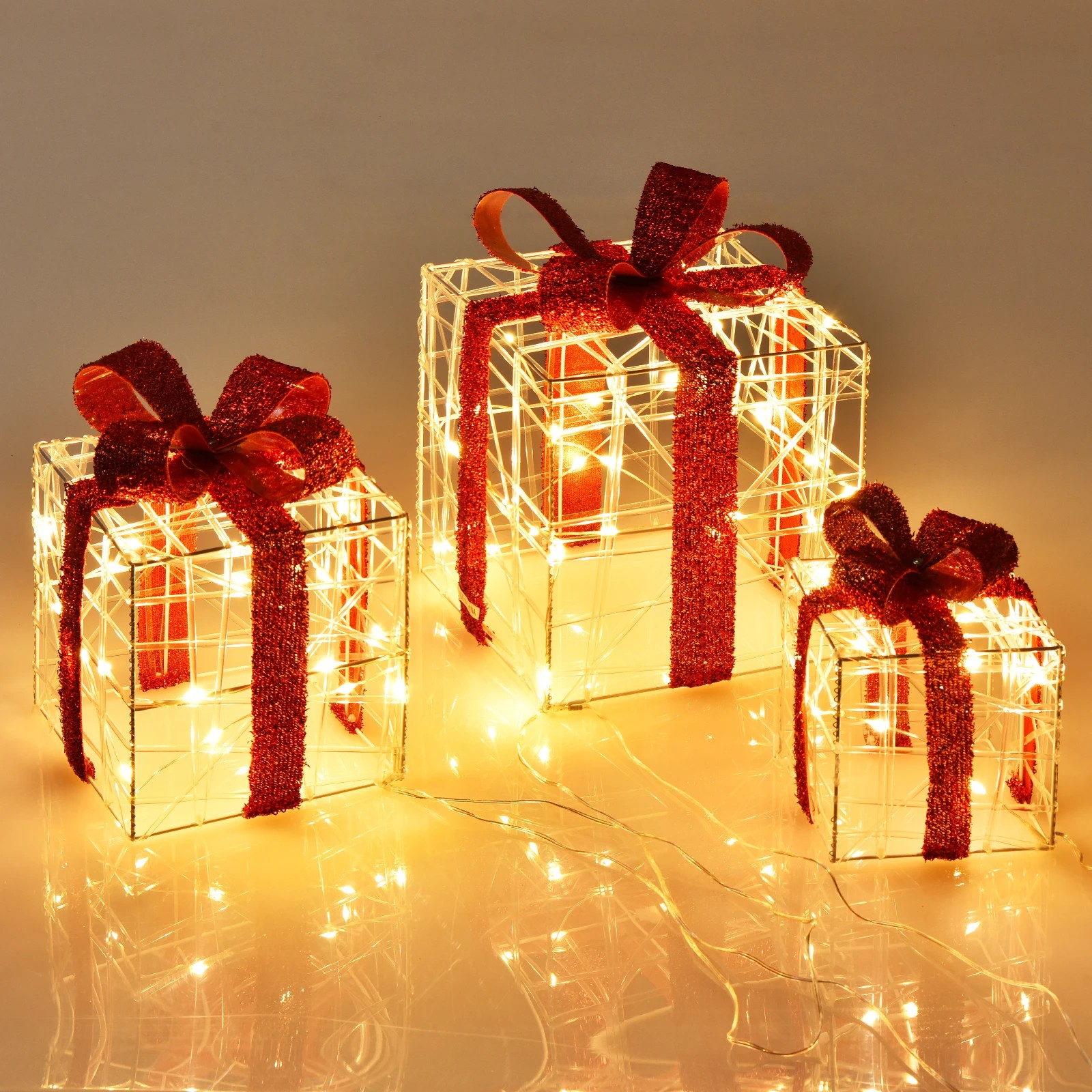 2 Costway 3-Pack Prelit Christmas Gift Boxes LED Lights Xmas Decoration, 2 of 4