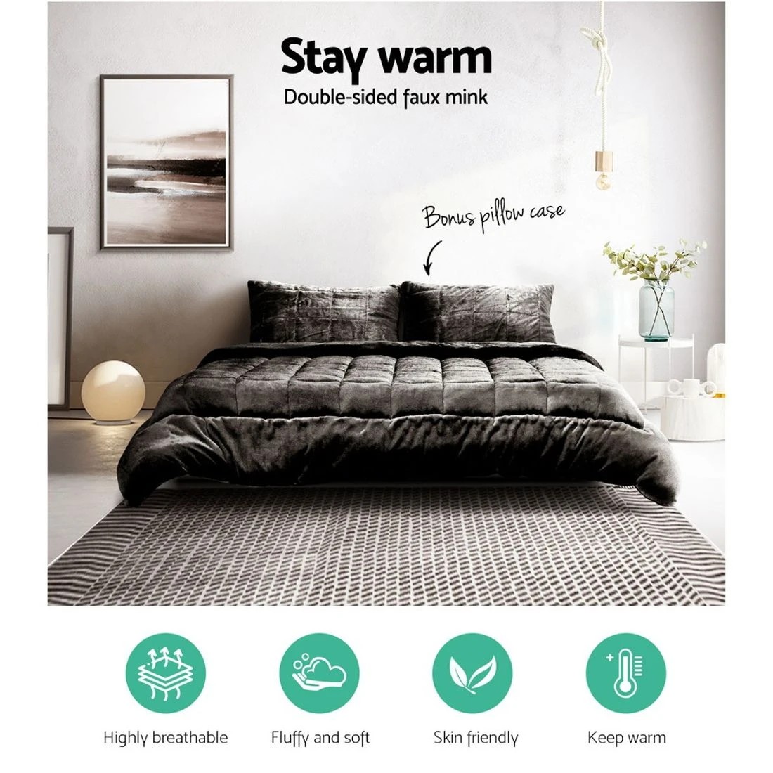 4 Giselle Bedding Faux Mink Quilt Charcoal Double - Double Bed - Charcoal, 4 of 8