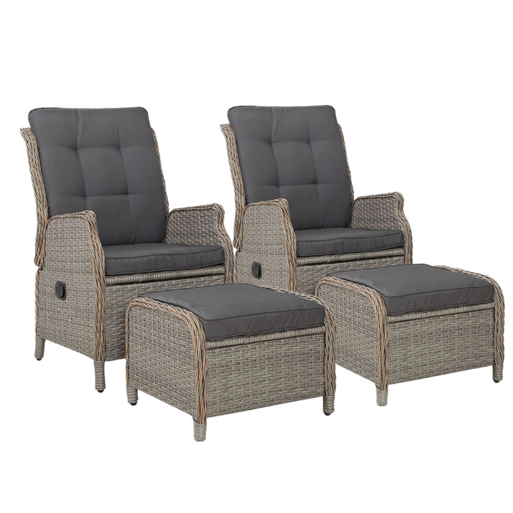 1 Gardeon 2PC Recliner Chair Sun lounge Wicker Lounger Outdoor Furniture - Grey, 1 of 5