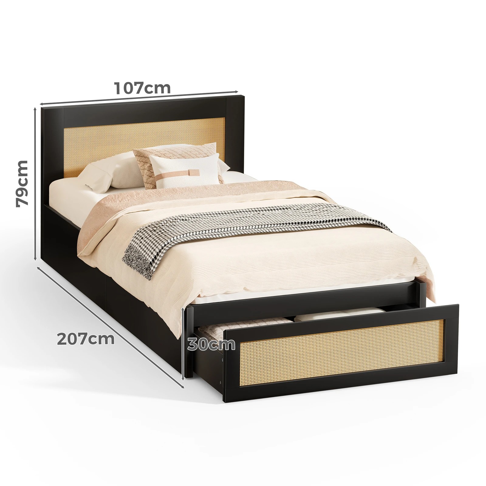 2 Alfordson Wooden Bed Frame King Single Rattan Bed Base with Storage Drawer - Black, 2 of 10