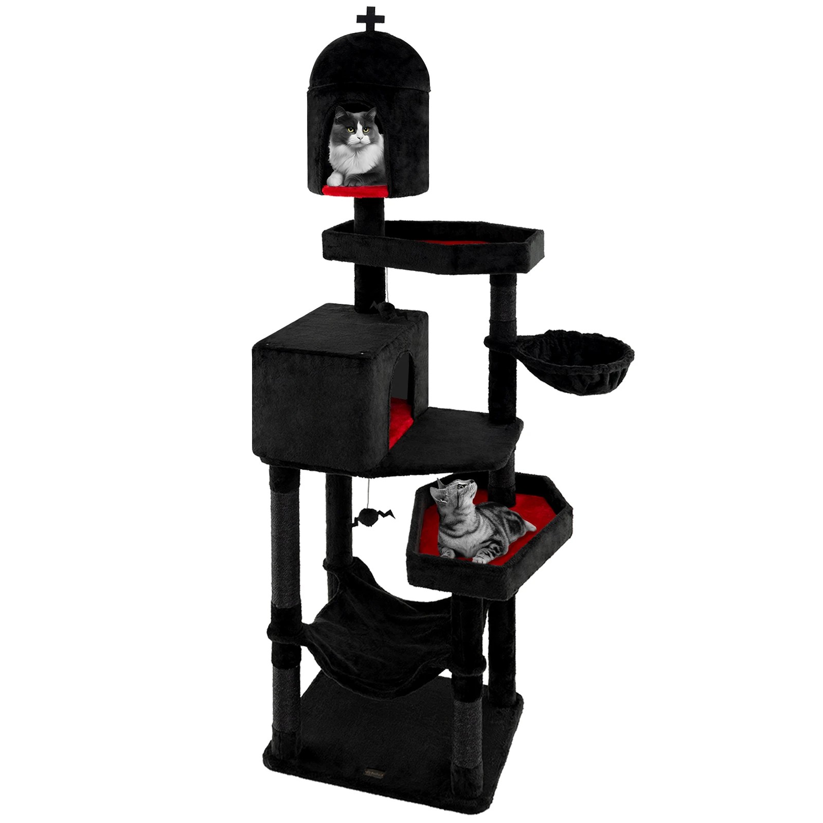 5 Costway Gothic Cat Tree Halloween Extra Large Cat Tower w/Spooky Dangling Balls, 5 of 5