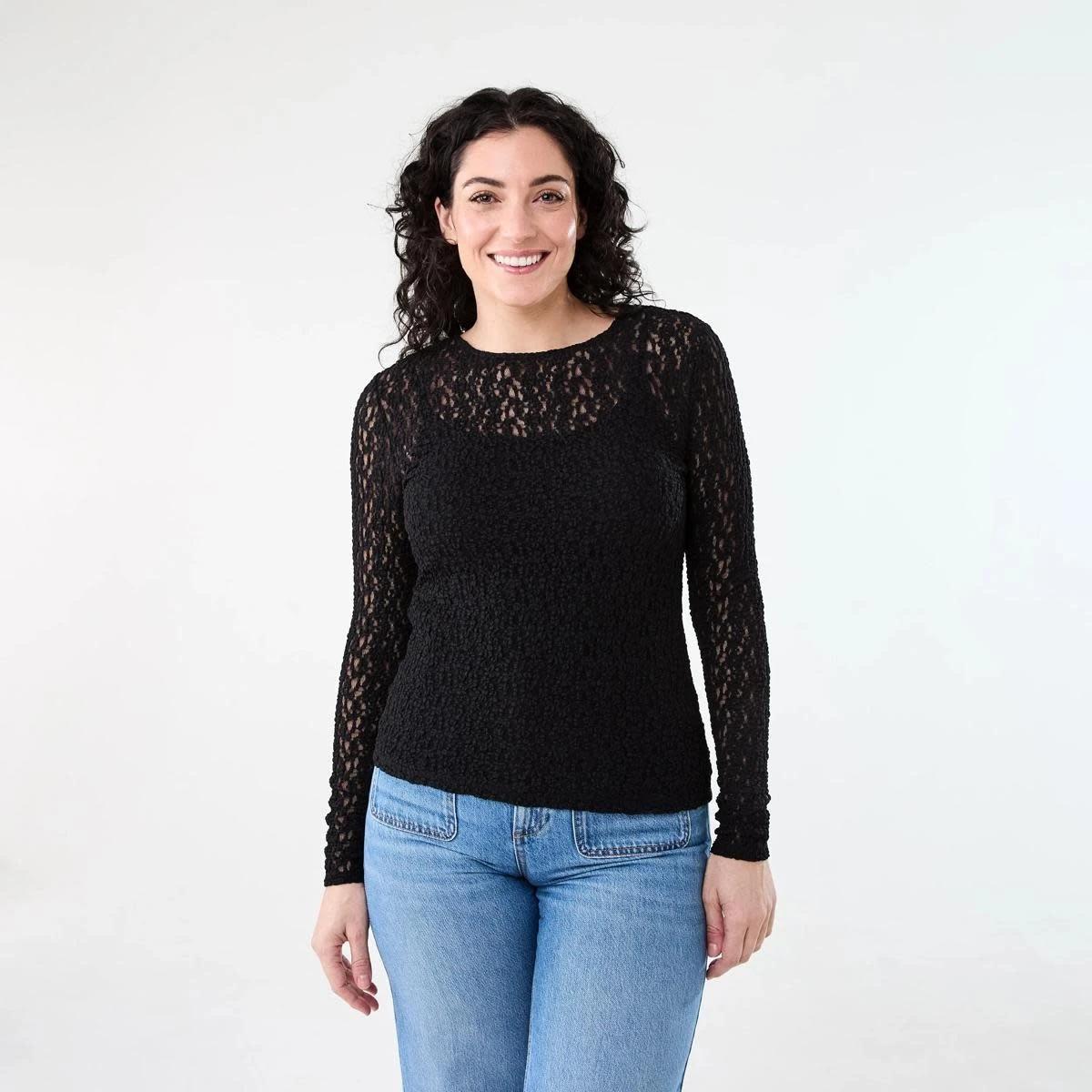 1 Long Sleeve Lace Top BLACK, 1 of 5