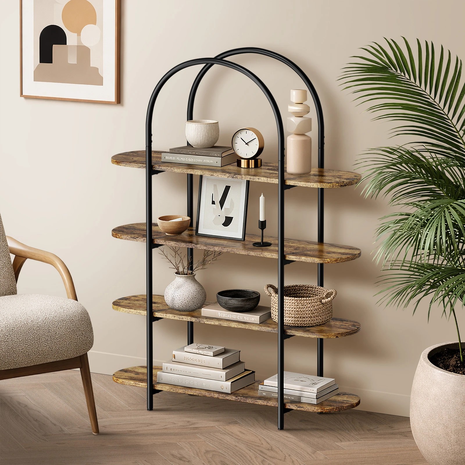 2 Oikiture Bookshelf 4 Tier Arched Display Shelf Home Industrial - Natural, 2 of 9