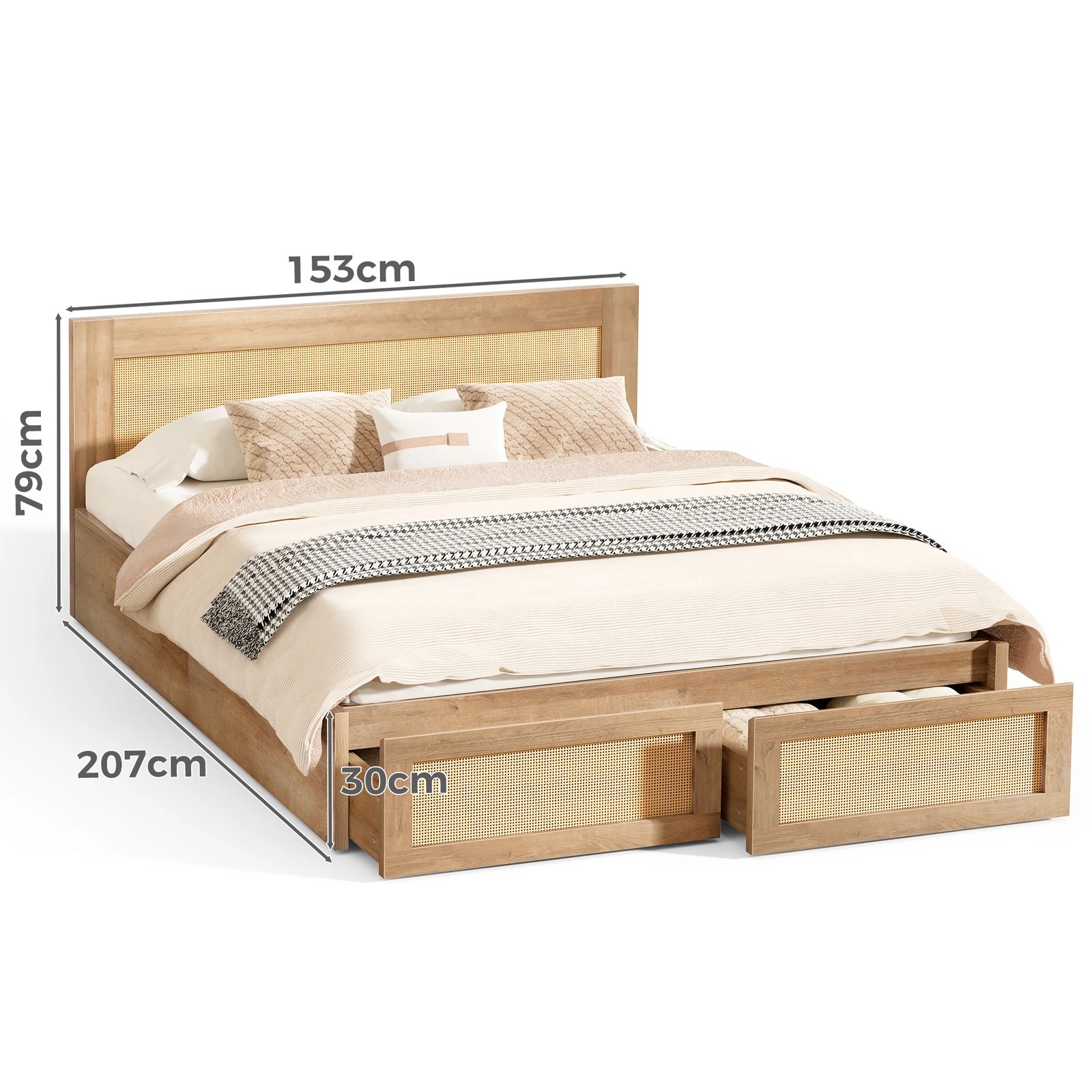 2 Alfordson Wooden Bed Frame Queen Size Rattan Bed Base with Storage Drawers - Oak, 2 of 10