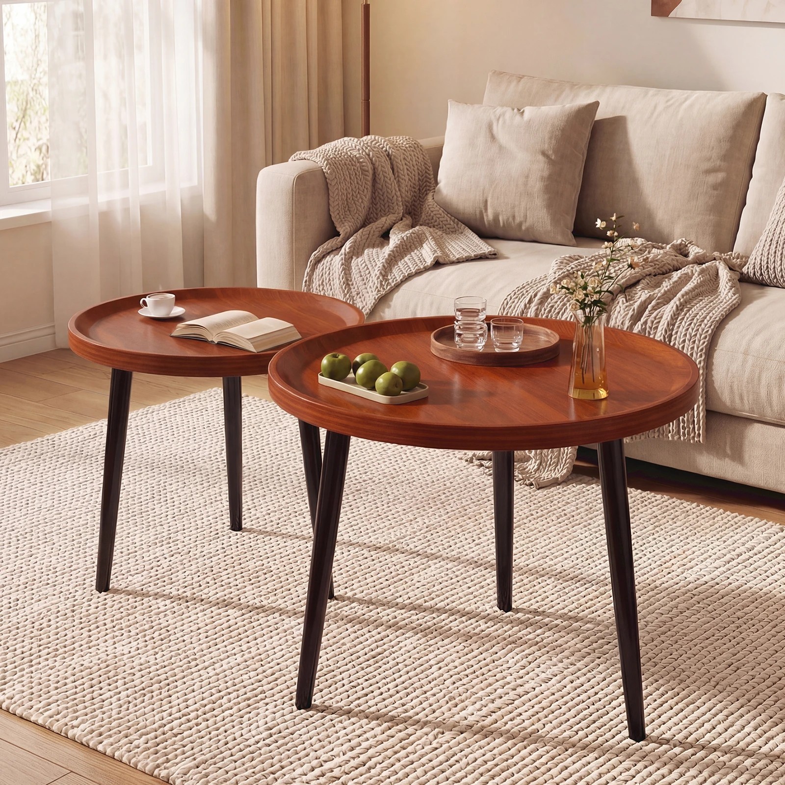 3 Advwin Nesting Coffee Tables Set of 2 Convertible w/ Raised Edge - Walnut, 3 of 7