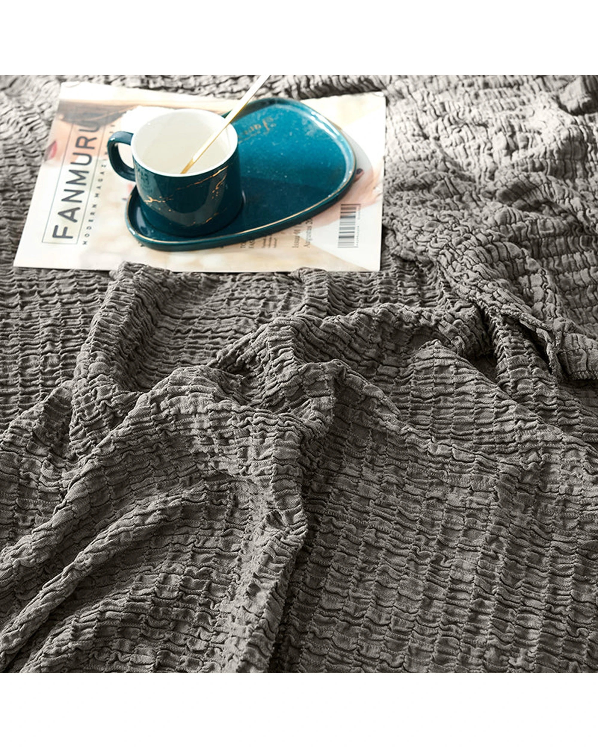 7 Cotton More Corrugated Seersucker Blanket Throw 150x200cm - Brown, 7 of 8