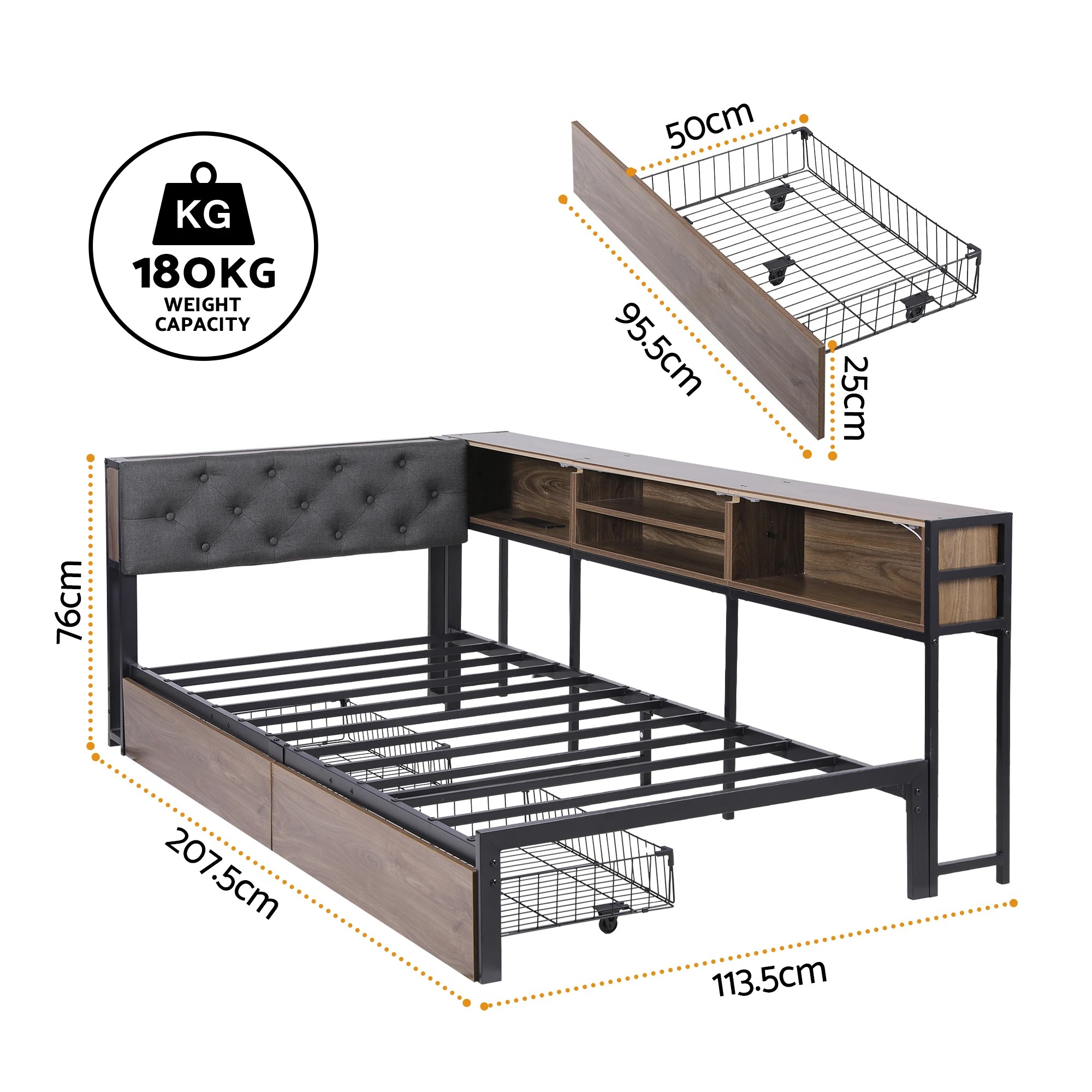 2 Artiss Bed Frame Single Size with 2 Drawers and Charging Station Metal Corner - Multi, 2 of 3