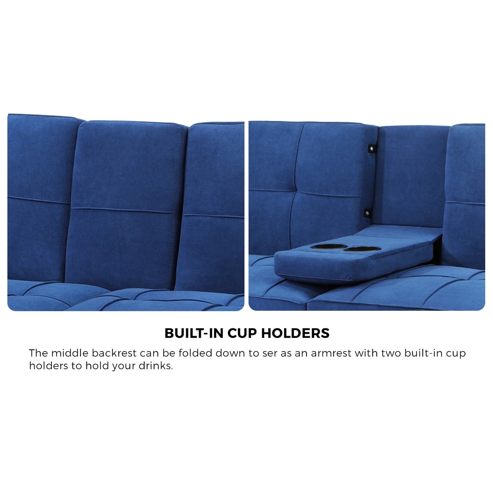 6 Oikiture Sofa Bed Lounge 3 Seater Couch Recliner Sofabeds Cup Holder Velvet
 - Blue, 6 of 10
