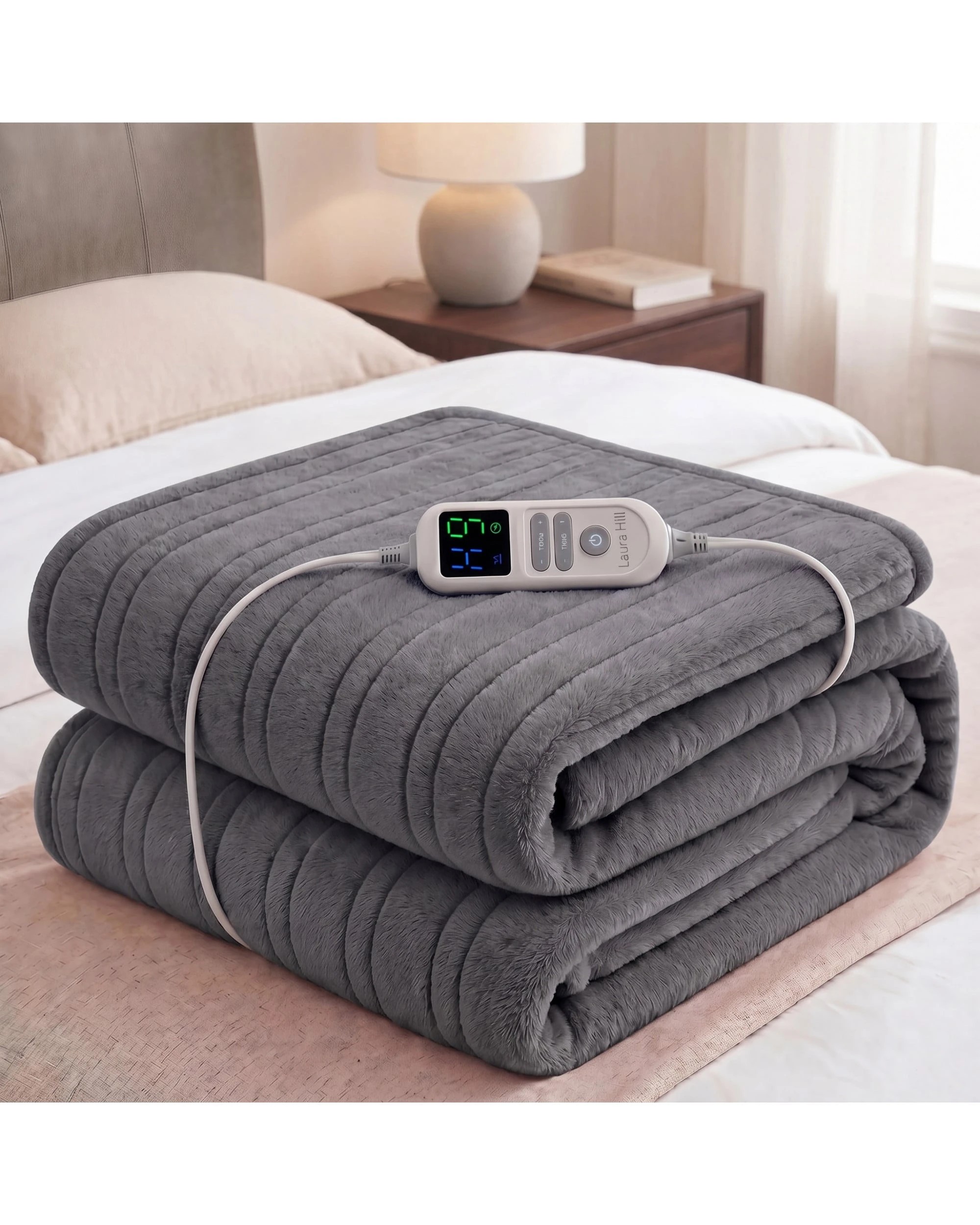2 Laura Hill XL Electric Heated Blanket Throw Soft Coral Fleece 10 Heat Settings Machine Washable - Grey, 2 of 7