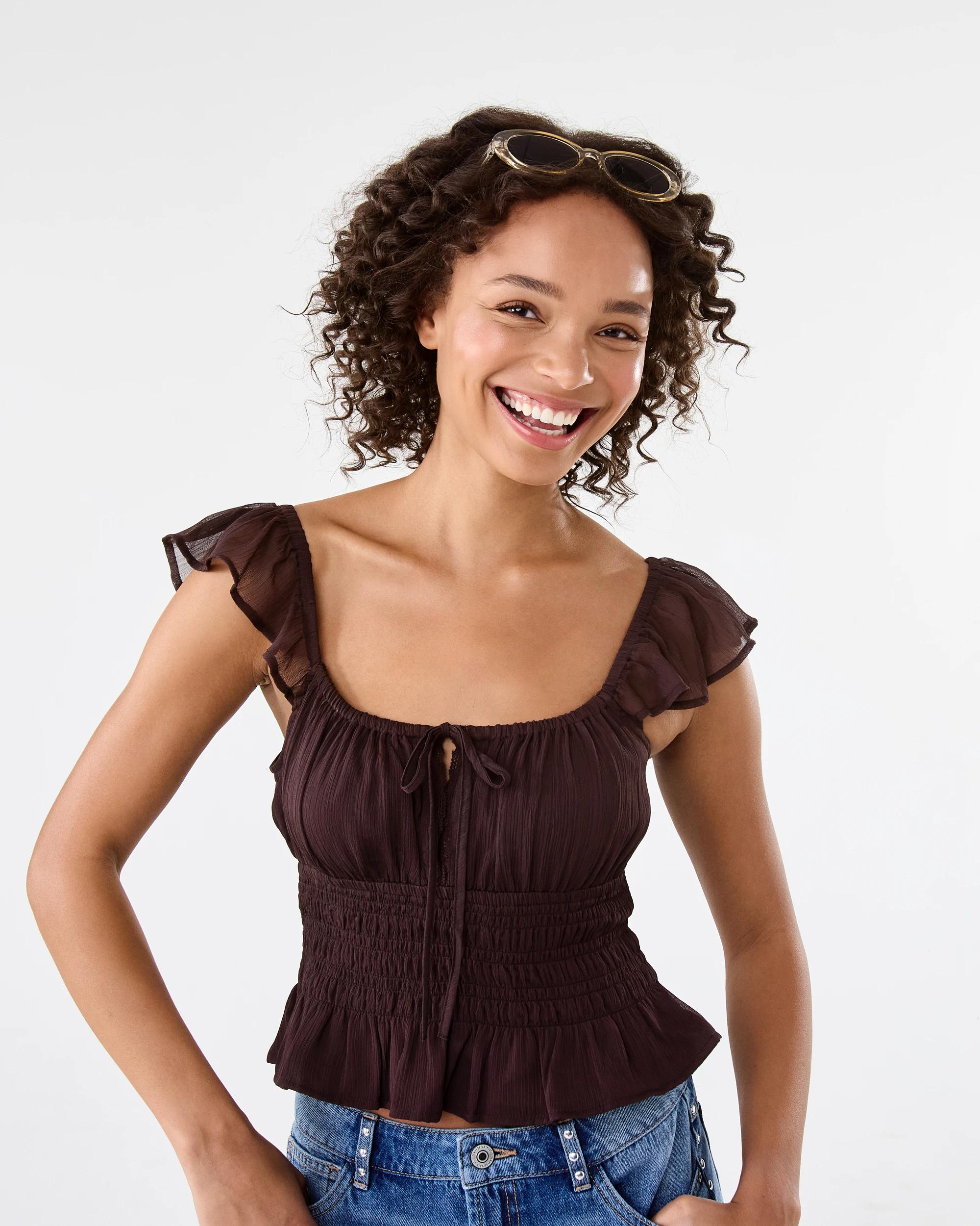 1 Tie Front Boho Top Choc Plum, 1 of 7