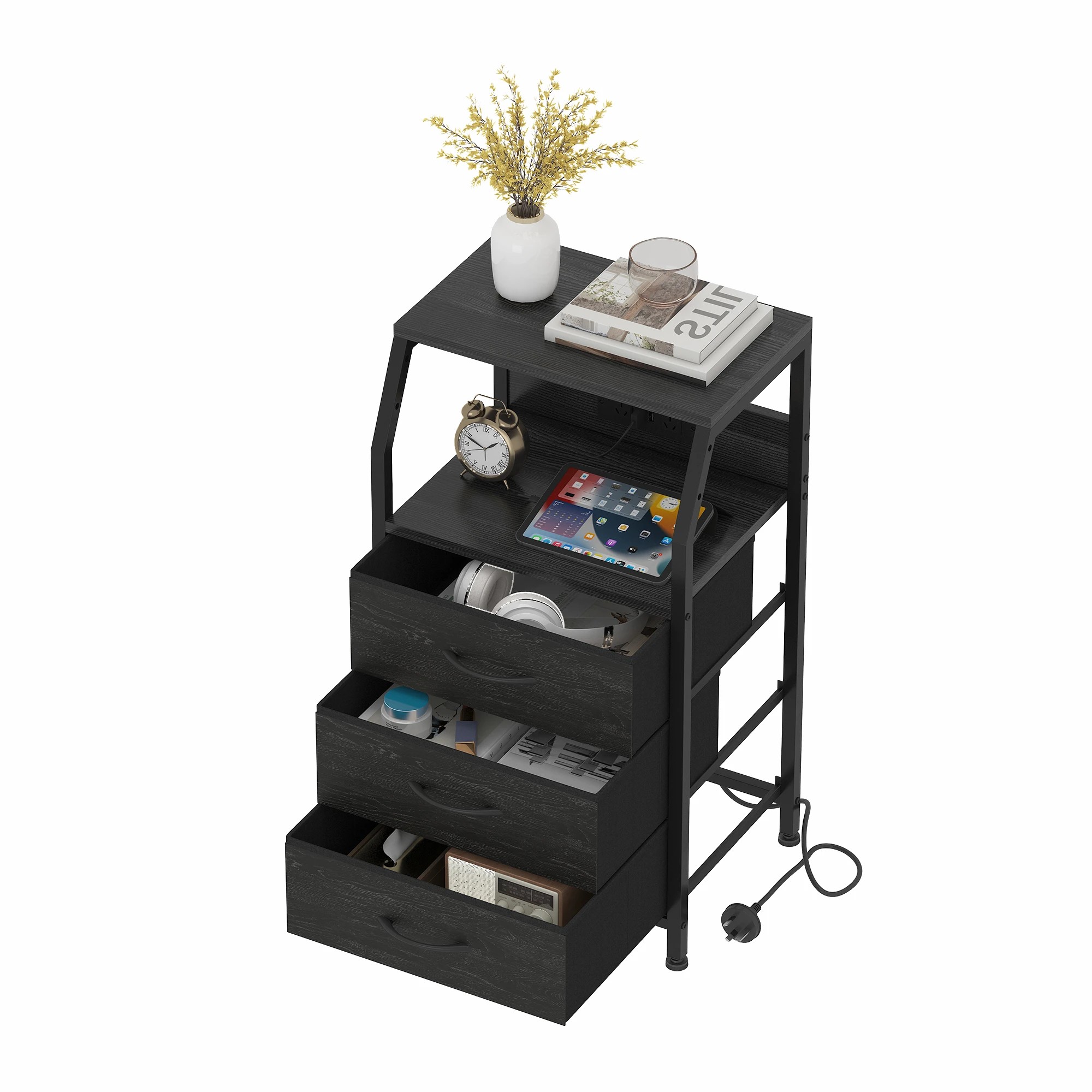 4 Advwin Bedside Table with Charging Station 3 Fabric Drawers Nightstand - Black, 4 of 10
