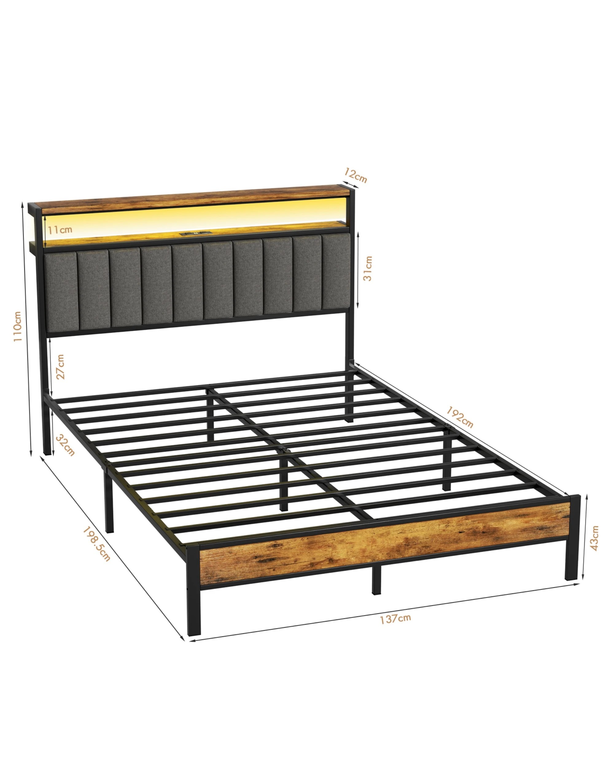 3 Advwin Double Bed Frame with RGB LED and Charging Station - Grey, 3 of 8