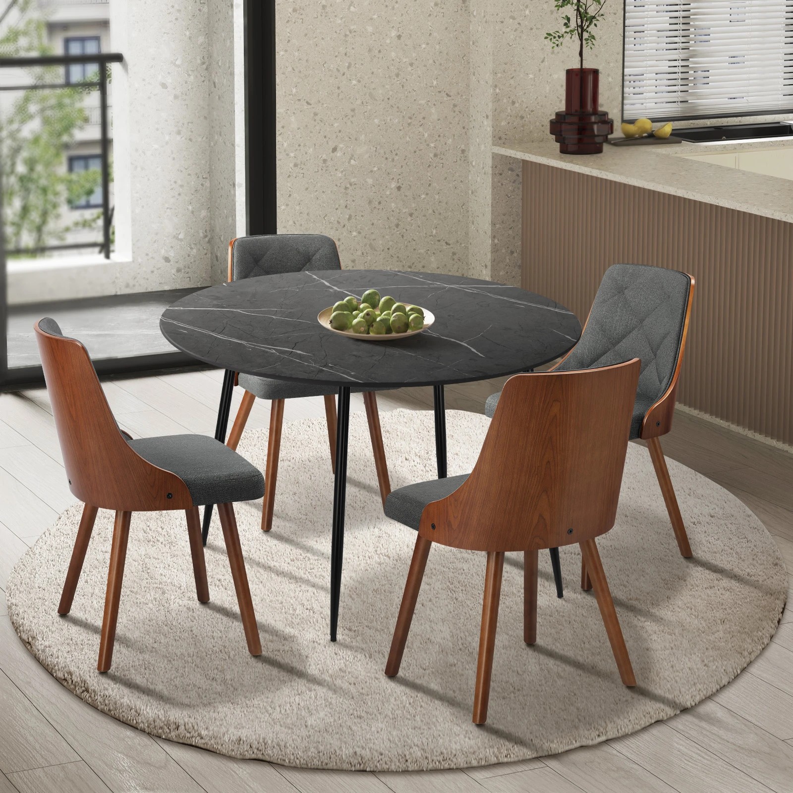 3 Oikiture 110cm Round Dining Table with 4PCS Dining Chairs Faux Linen - Grey, 3 of 9